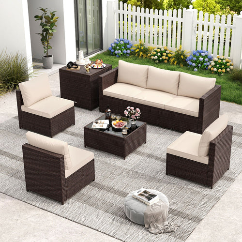 Beige 8-piece patio furniture set with storage box and tempered glass coffee table by DirectDeals, featuring cushioned seats and outdoor design.