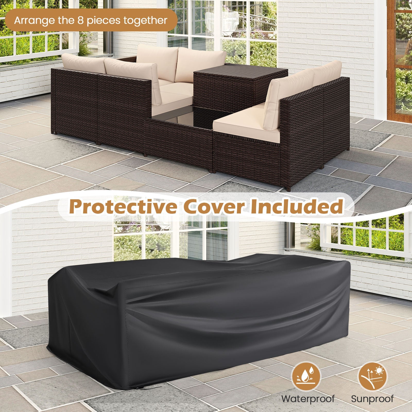 8 Piece Patio Furniture Set with Storage Box and Tempered Glass Coffee Table-Beige