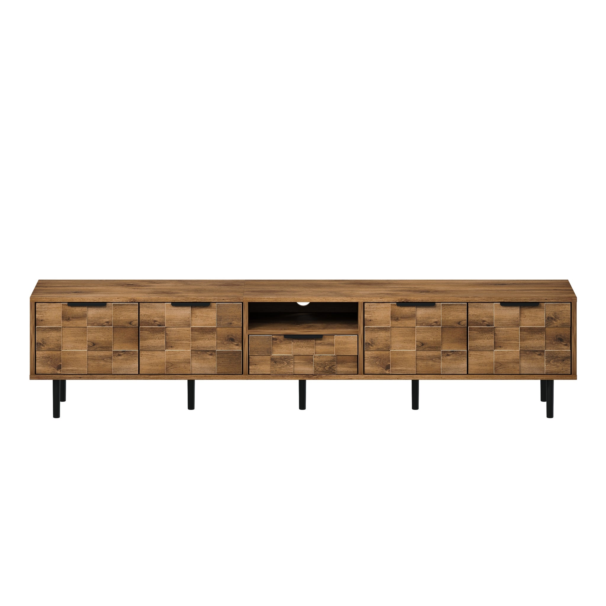 Anthony & Home Atelier Natural Wood 78-Inch TV Stand with storage compartments and modern design, ideal for living room decor.