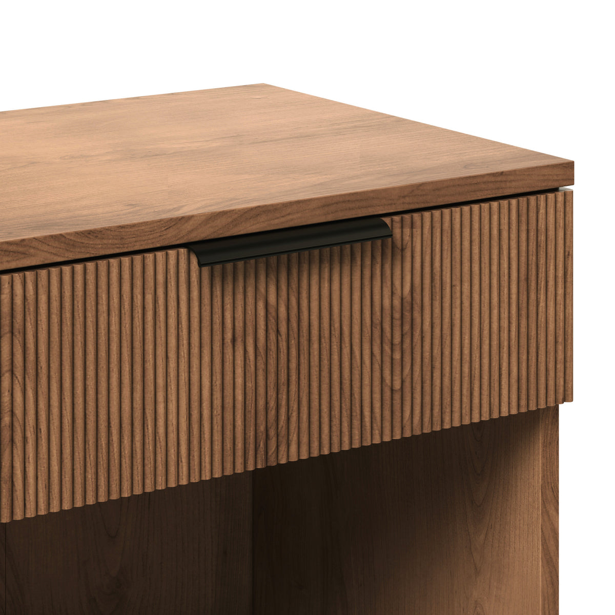 Modern Anthony & Home Atelier Signature Fluted Drawer Nightstand with open cubby, sleek design for contemporary bedrooms.