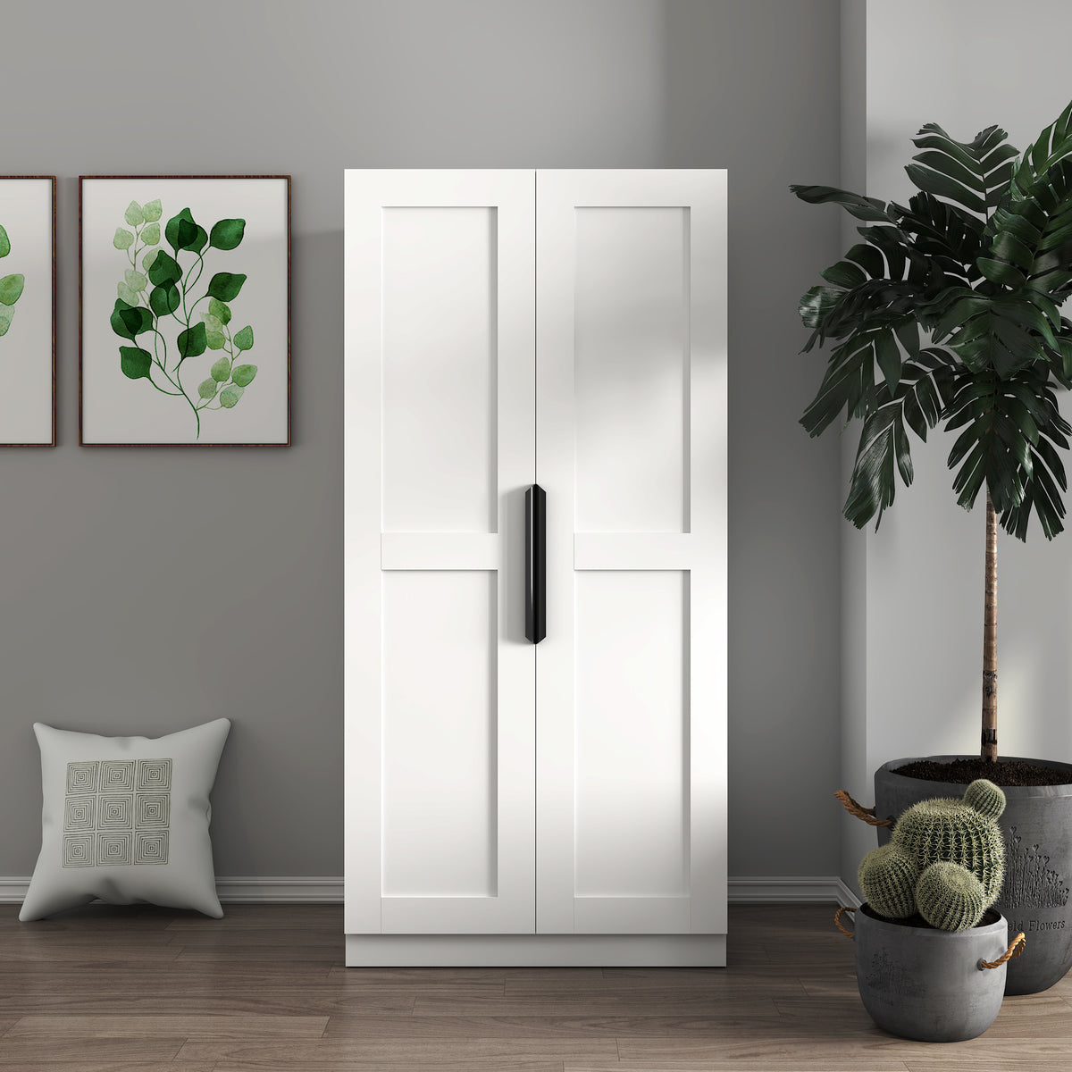 White pantry cabinet with doors and shelves from Anthony & Home, showcasing storage space and organized interior.