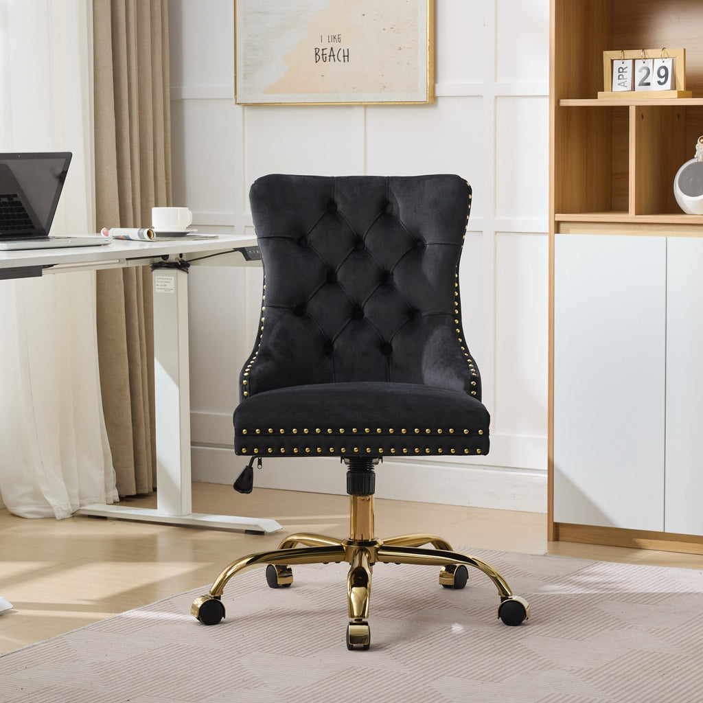 Anthony & Home Studio Velvet Tufted Office Chair with padded back and armrests, black fabric and modern design.