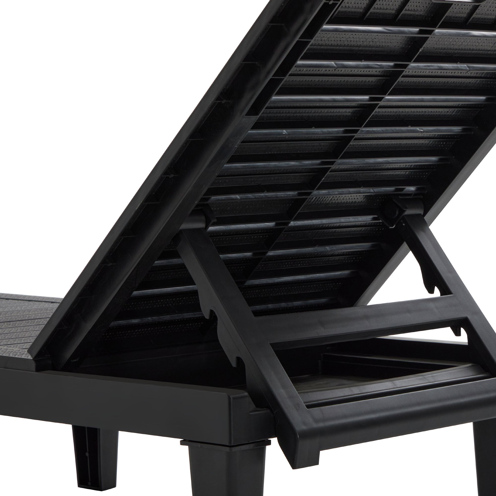 Pair of outdoor chaise lounges by Anthony & Home with adjustable backs, featuring cushioned seats and sleek metal frames.