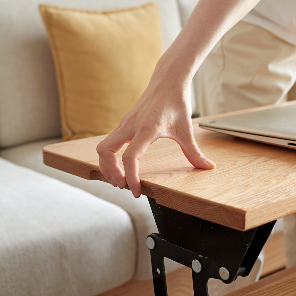 Solid oak coffee table with storage shelf from Anthony & Home's Atelier Collection, measuring 39.4 inches wide and 17.7 inches high.