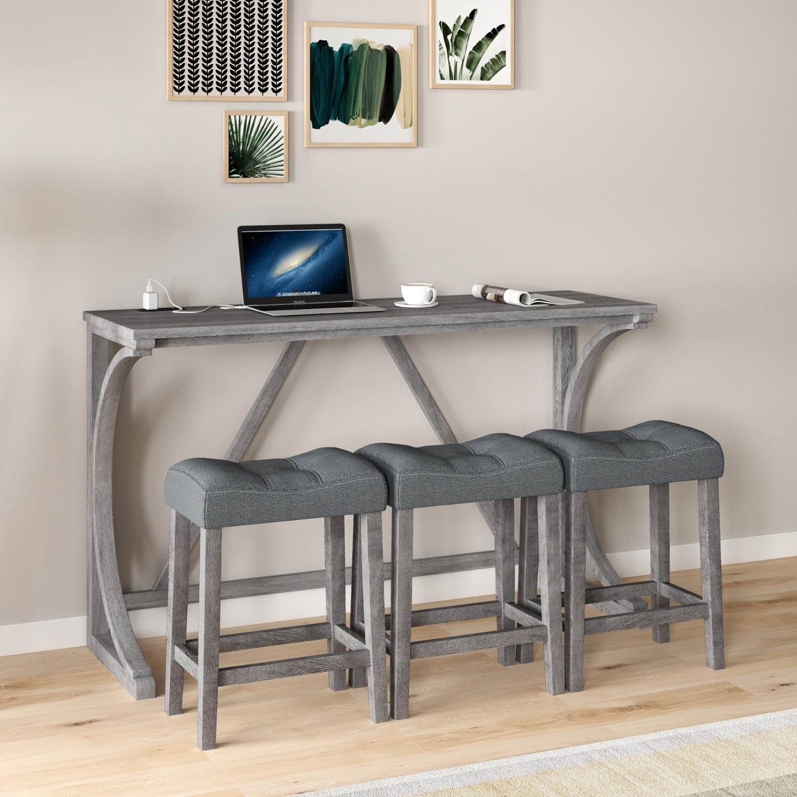 Gray Industrial Bar Table Set With Power Outlet And Chairs