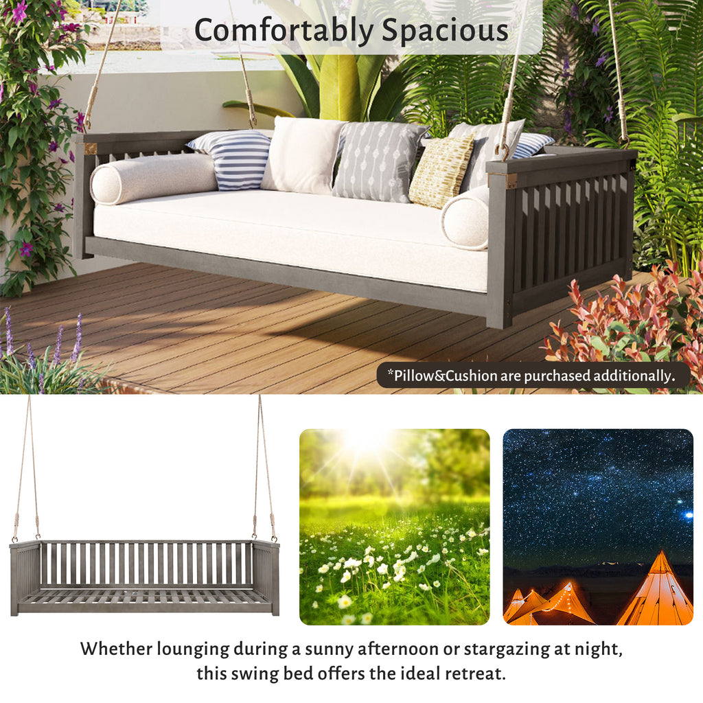 Twin size solid wood garden swing bed with rope support, designed for outdoor relaxation, from Anthony & Home.