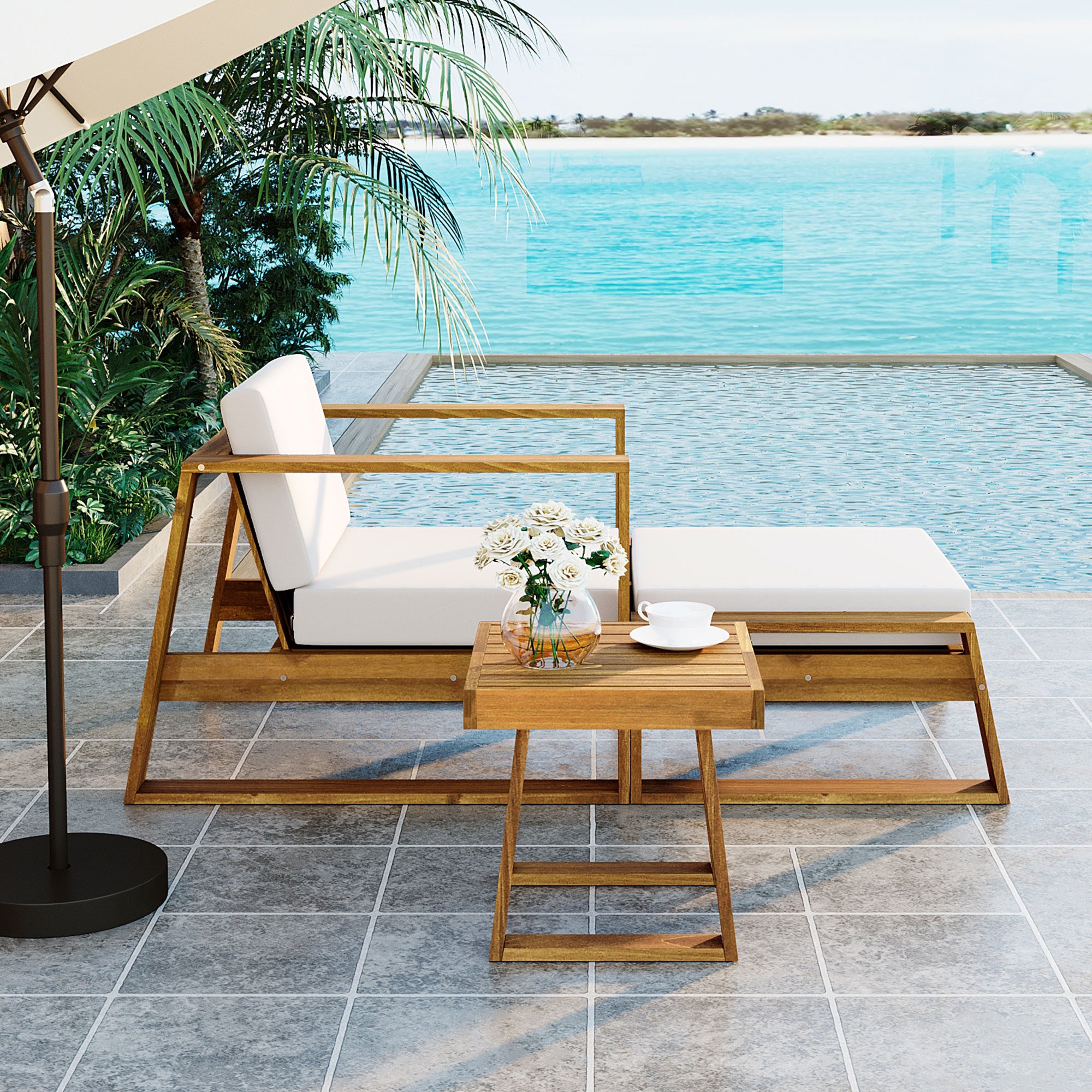 Anthony & Home U Style limited edition acacia wood outdoor lounge set with chair and ottoman, weather-resistant for outdoor use.