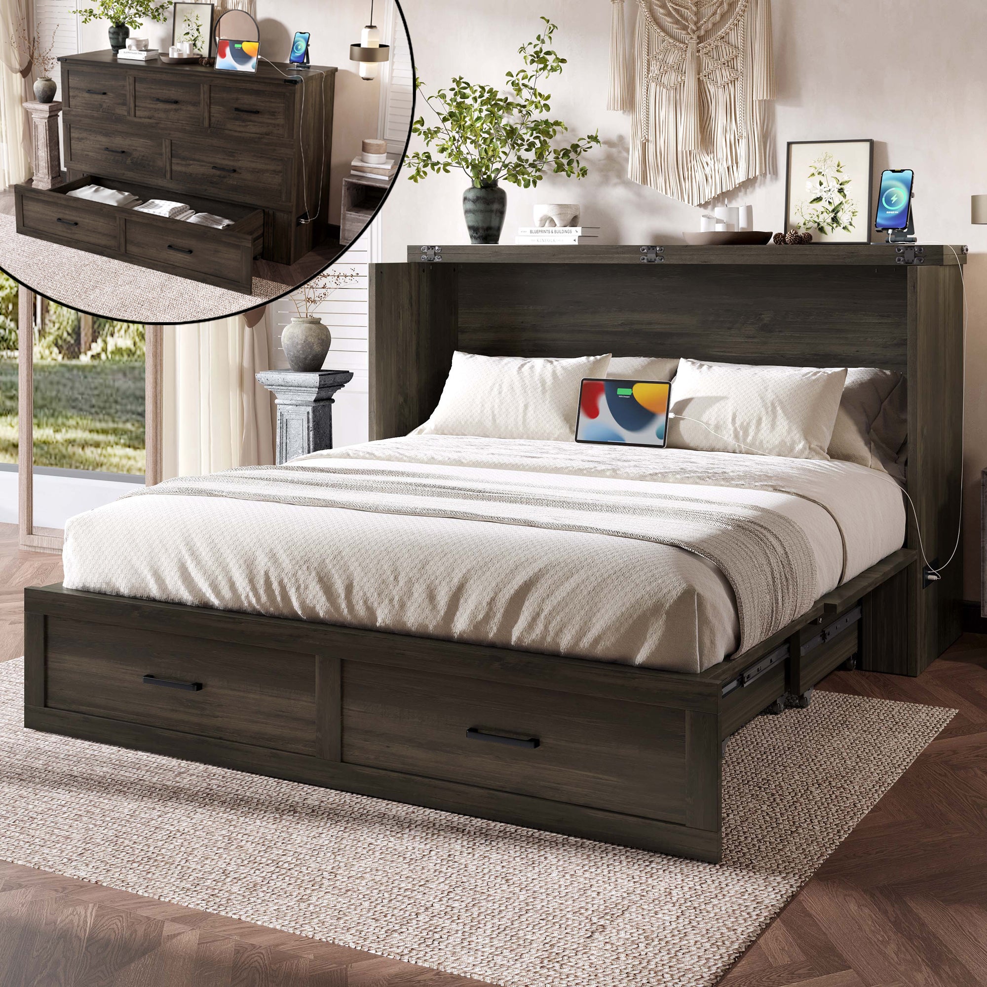 Murphy Bed Cabinet Queen Size With Charging Station Rustic Gray Wood Limited Edition