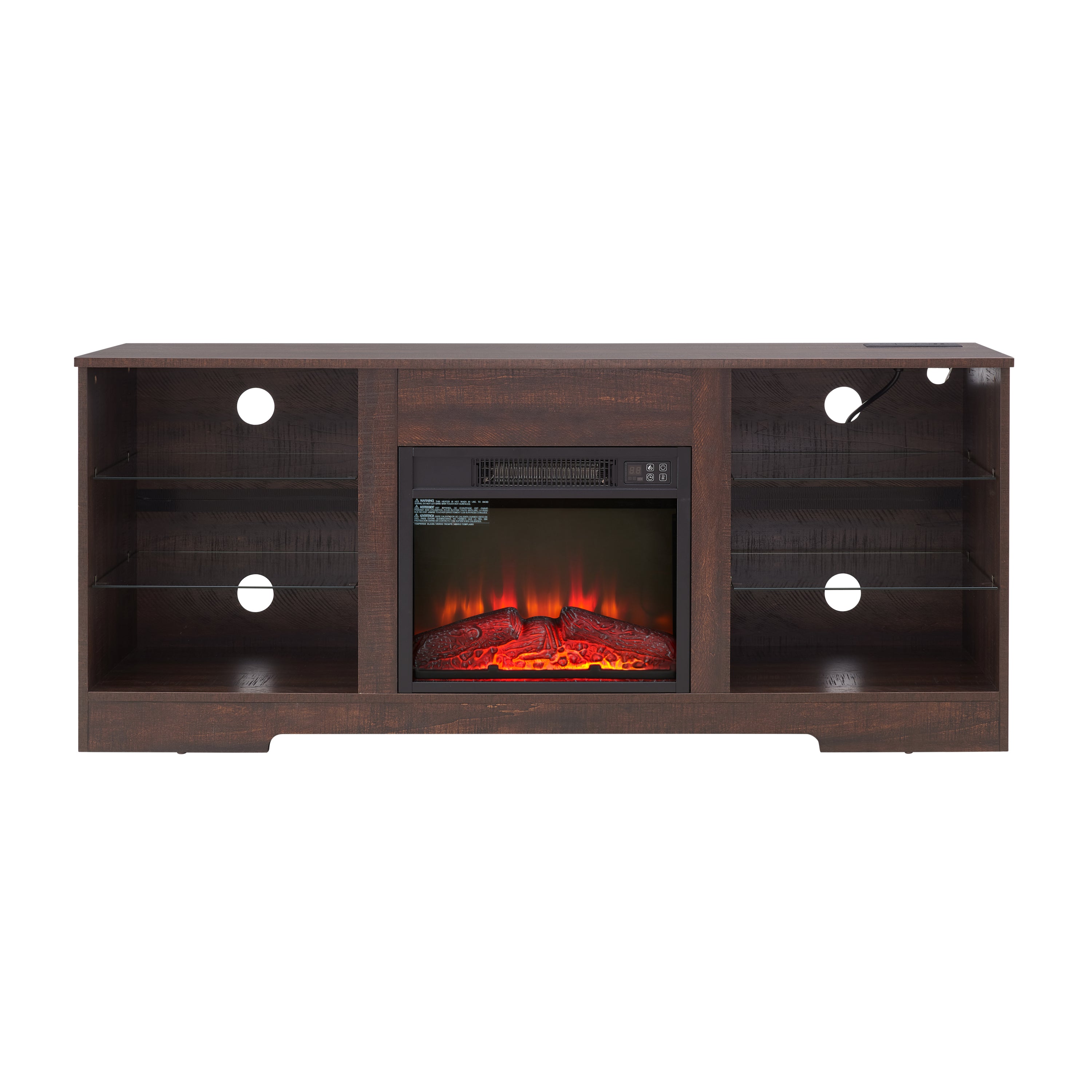 Electric fireplace TV stand with glass shelves, LED lighting, USB outlet, from Anthony & Home Studio Collection.