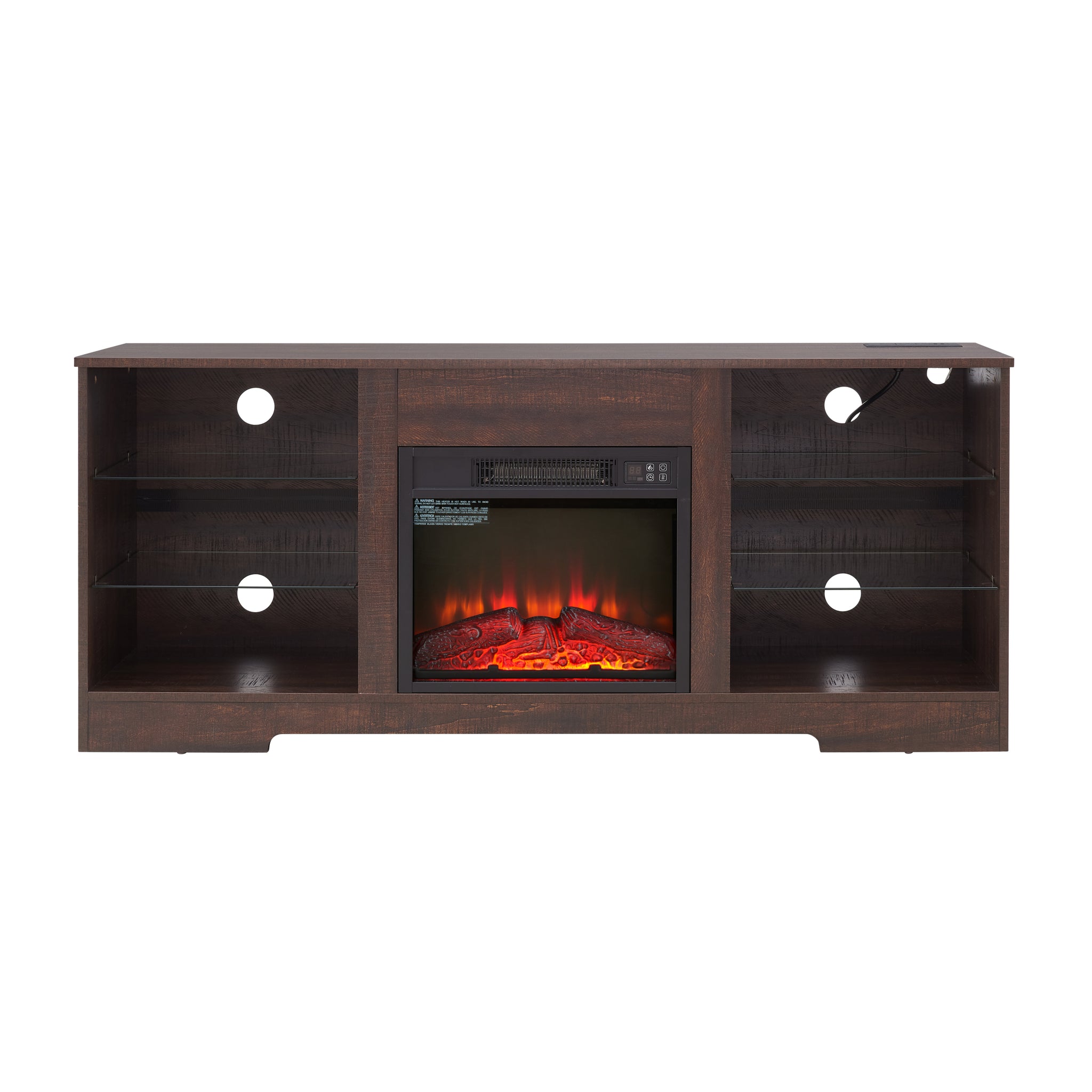 Electric fireplace TV stand with glass shelves, LED lighting, USB outlet, from Anthony & Home Studio Collection.