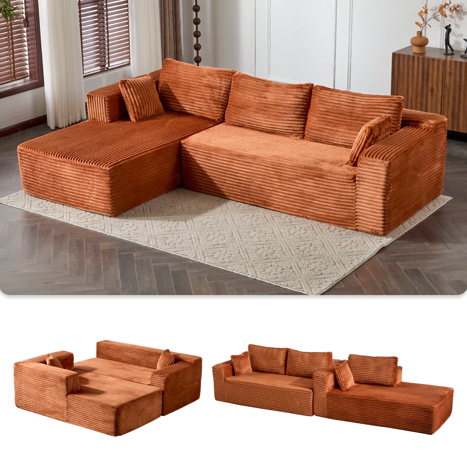 Corduroy Brown Modular Sectional Sofa With Chaise Lounge