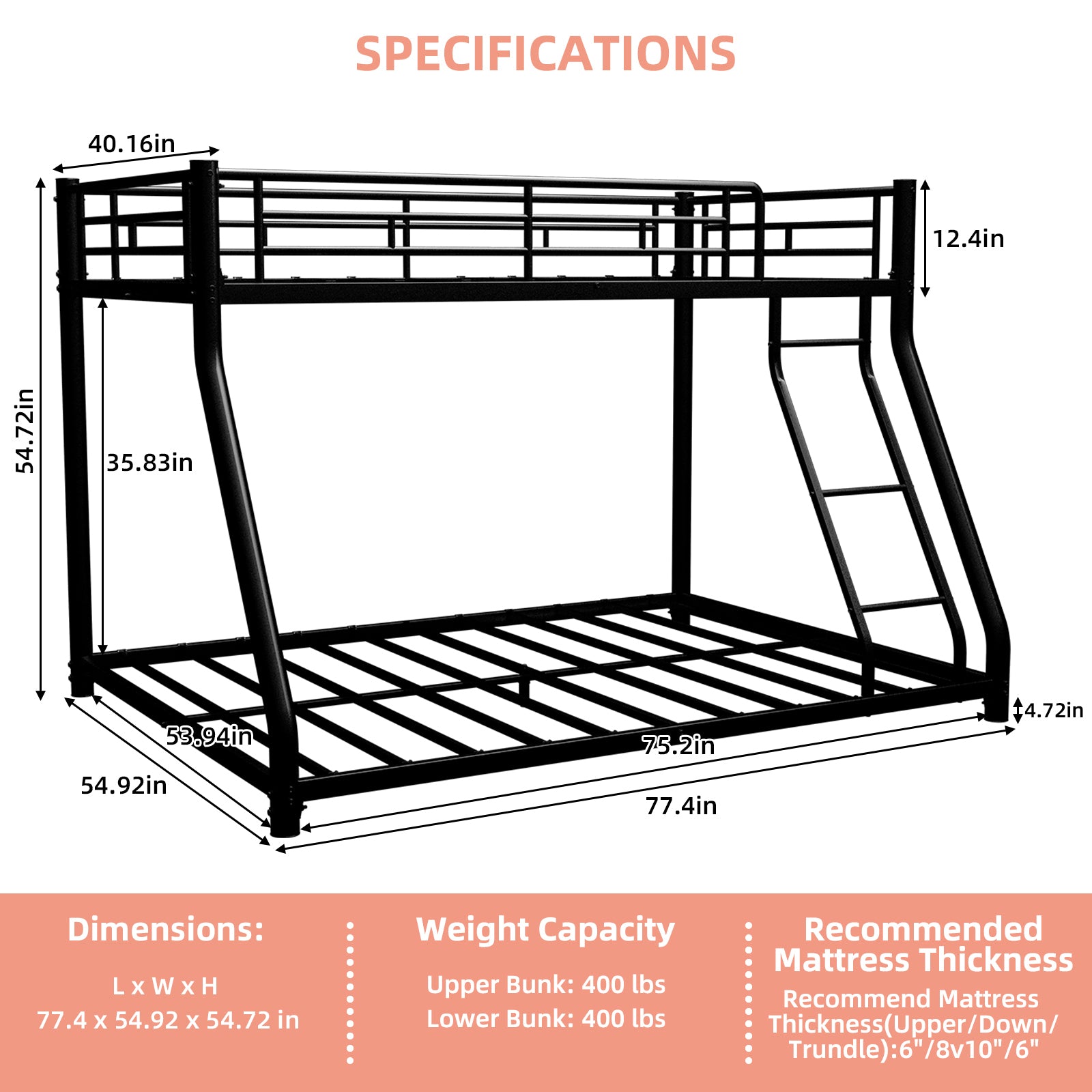 Black metal twin-over-full bunk bed frame with ladder and full-length guard rails from Anthony & Home Heritage Collection.