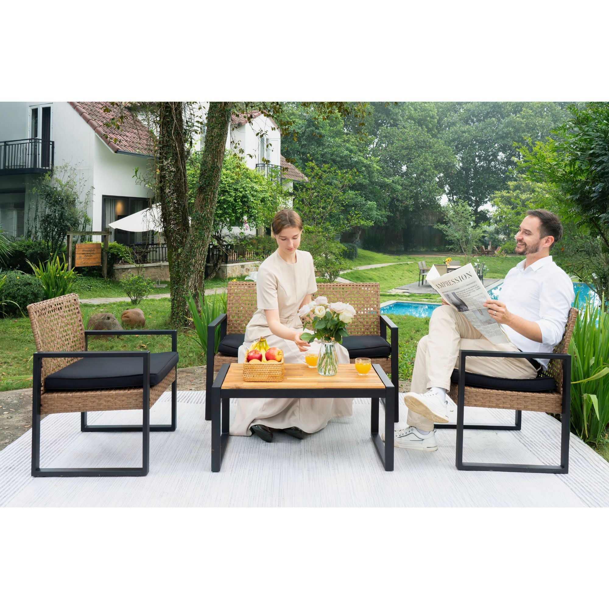 Anthony & Home Acacia Wood Studio outdoor 4-piece dining set with table, chairs, and cushions for patio or garden use.
