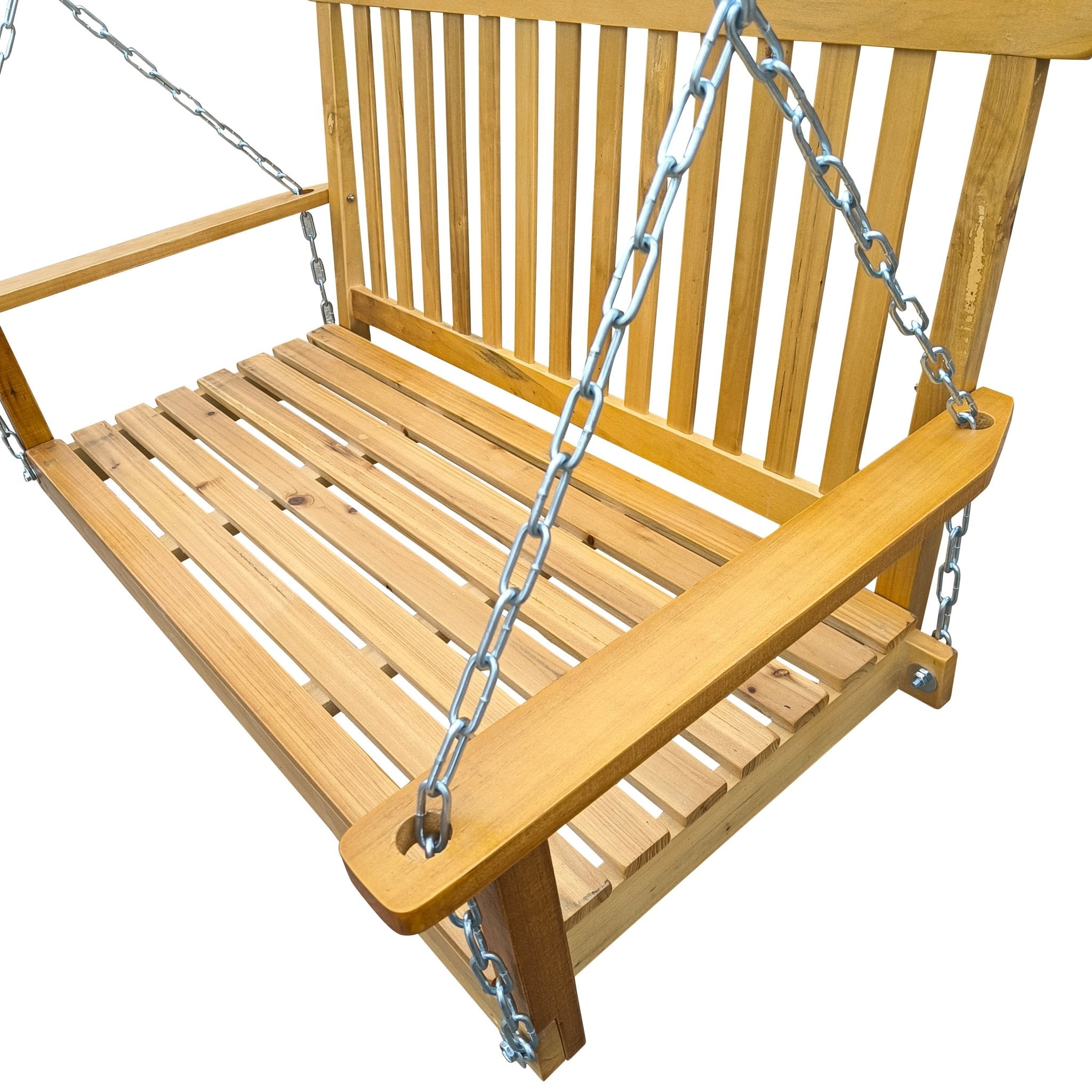 Teak wood porch swing with armrests and hanging chains from Anthony & Home Heritage Outdoor Collection, designed for outdoor seating.