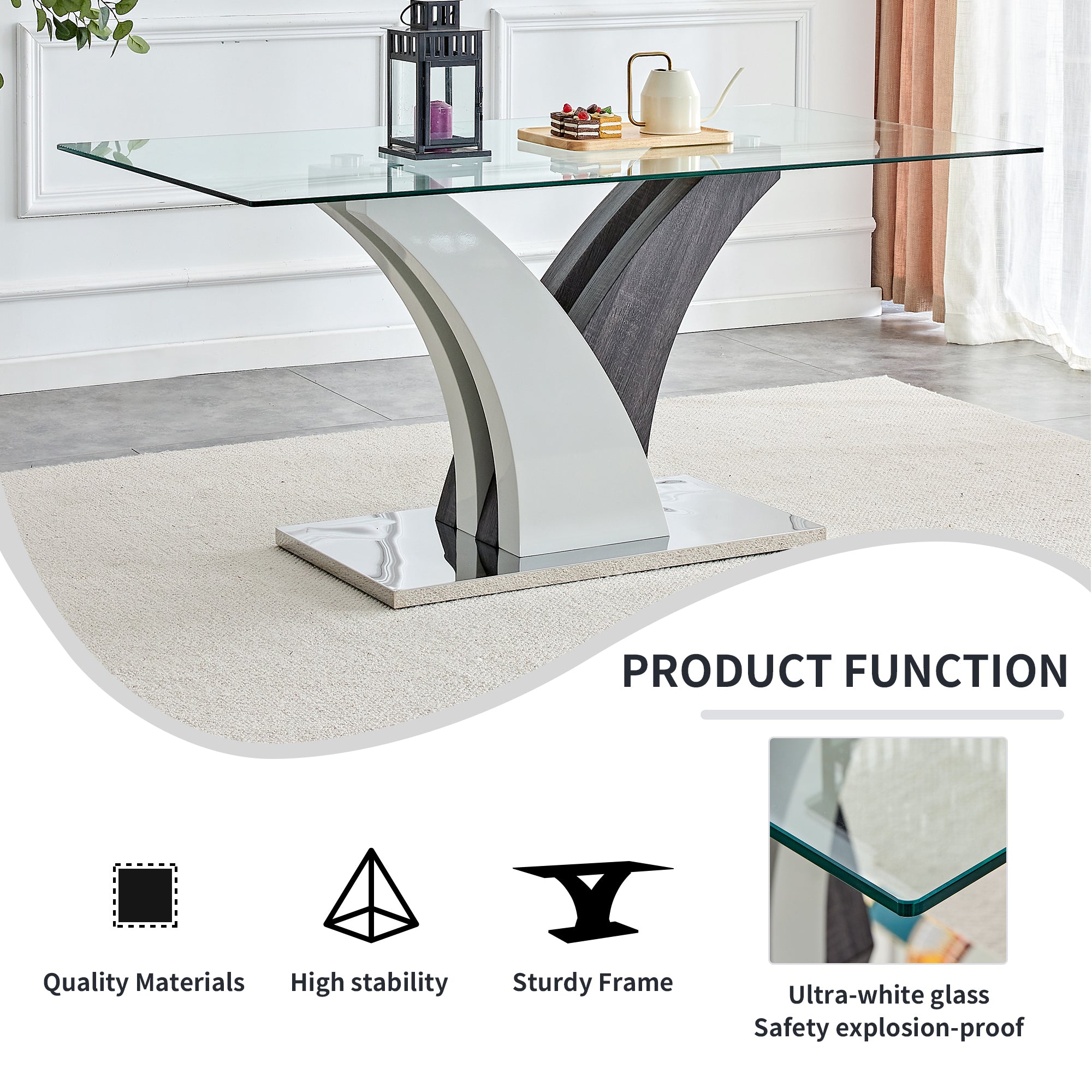 Anthony & Home tempered glass dining table with MDF legs from the Studio Collection, showcasing a sleek, modern design.