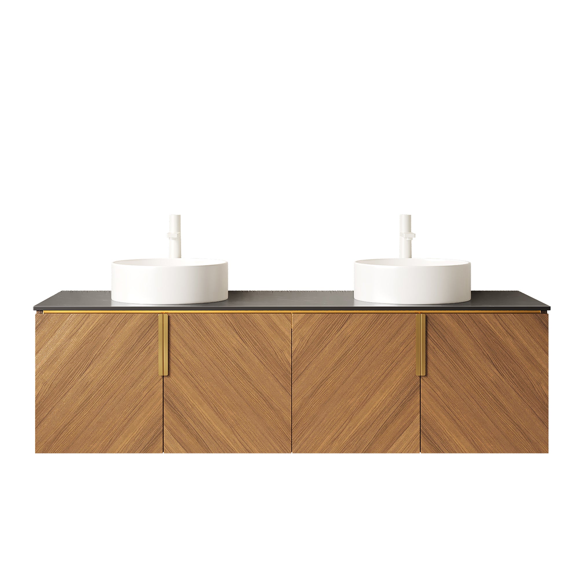 Anthony & Home ARAI 60' bathroom vanity with white ceramic sinks, black stone countertop, brown oak finish, wall-mounted storage cabinet.