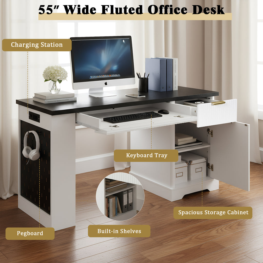 White 55-inch Atelier Fluted Office Desk with storage cabinet, pegboard, and keyboard tray by Anthony & Home.