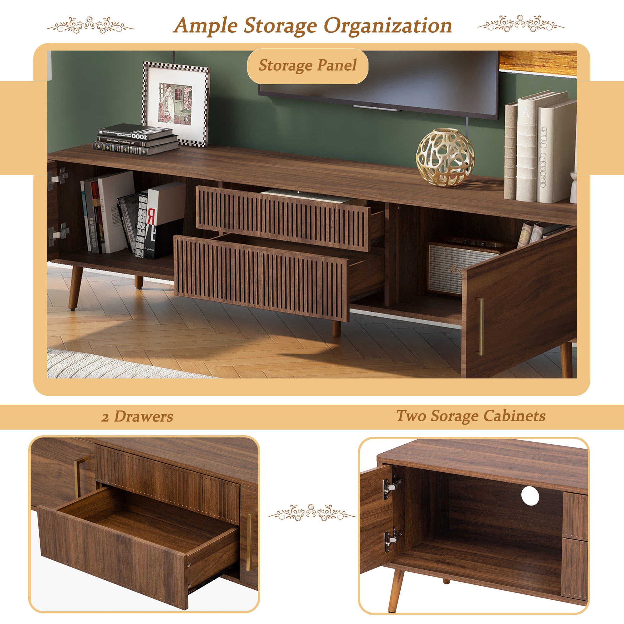 Walnut solid wood mid-century TV stand with two drawers by Anthony & Home, showcasing sleek mid-century design and natural wood finish.