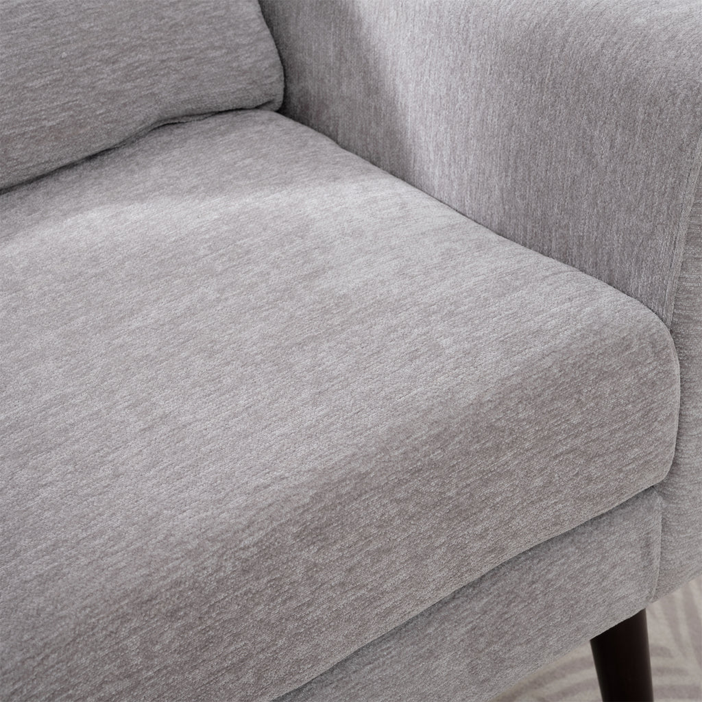 Gray chenille accent chair with solid wood legs, modern studio design by Anthony & Home.