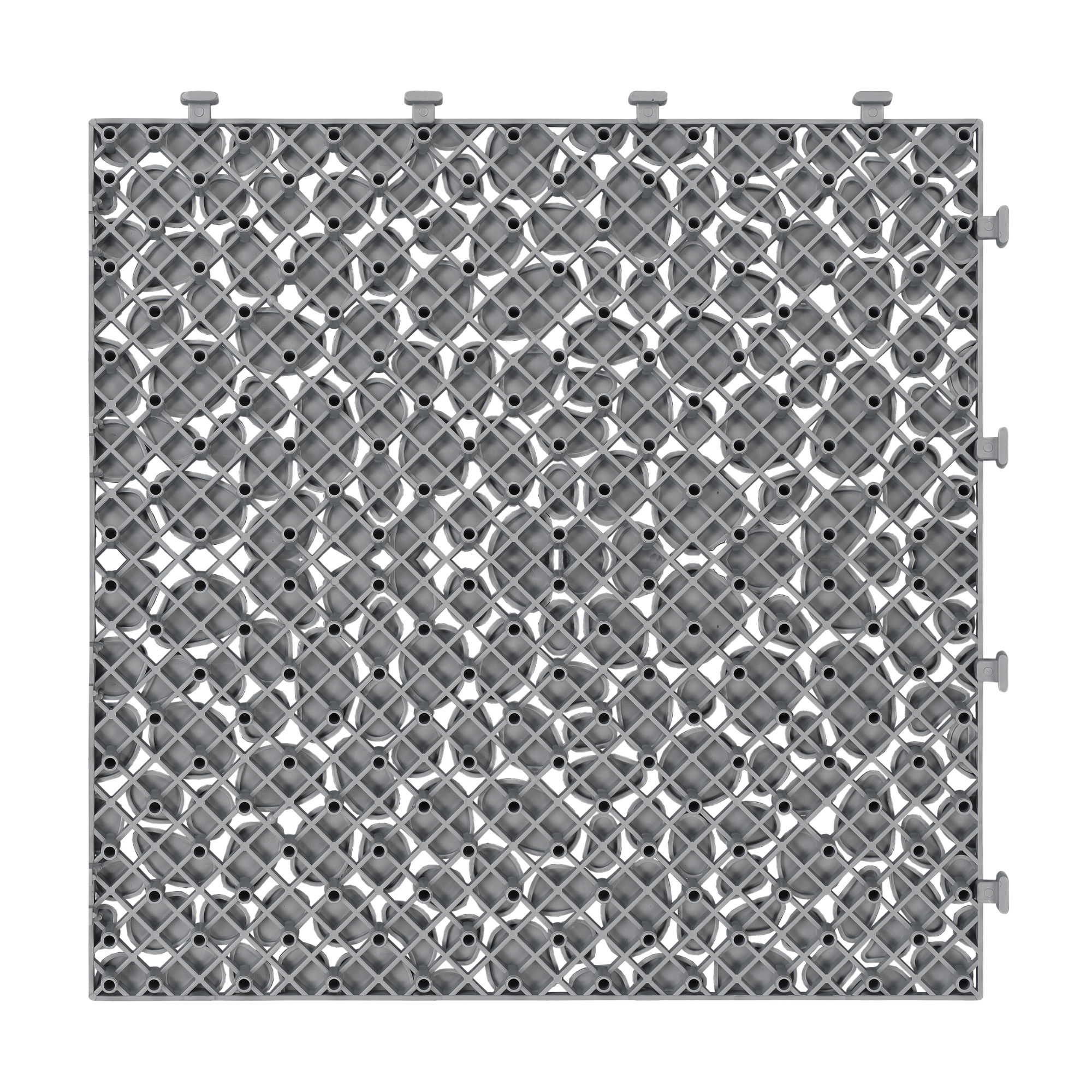 Gray pebble stone interlocking deck tiles from Anthony & Home, 12x12 waterproof outdoor flooring with textured pebble surface.