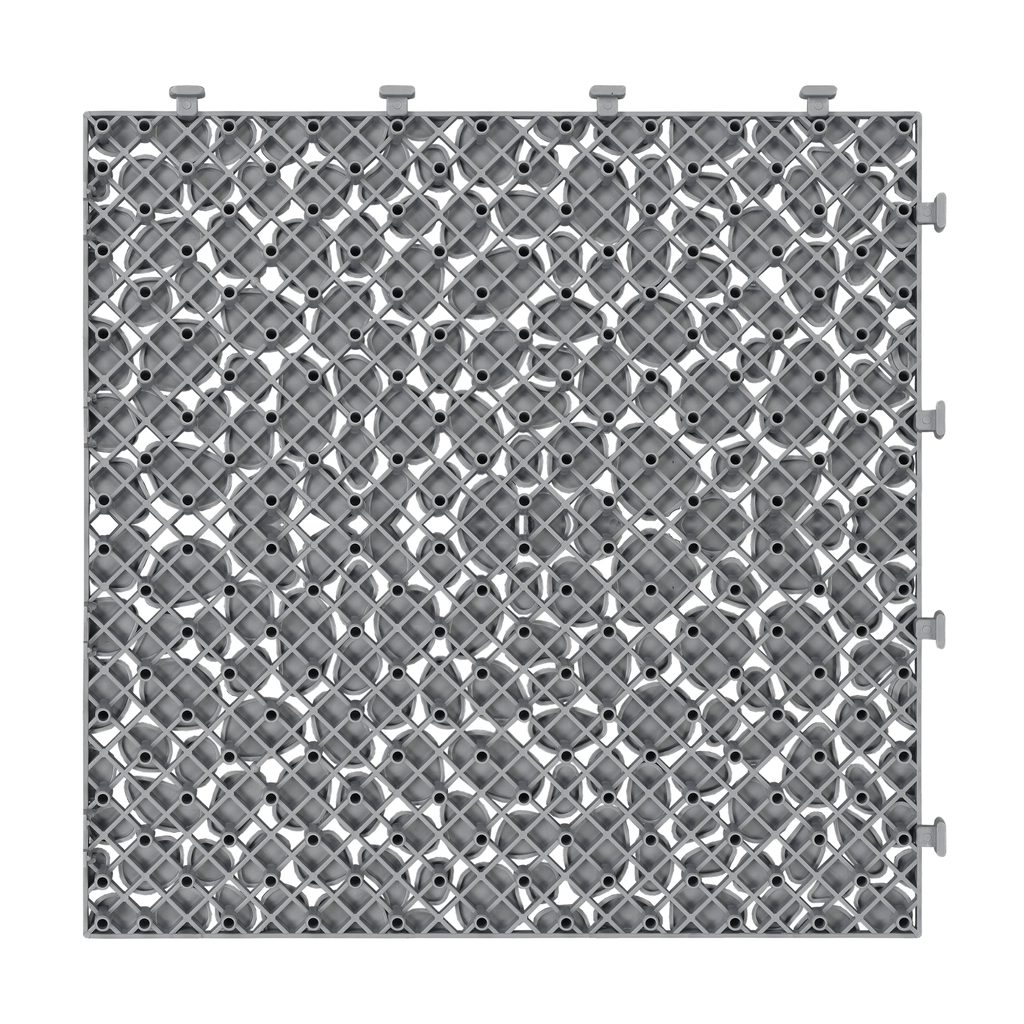 Gray pebble stone interlocking deck tiles from Anthony & Home, 12x12 waterproof outdoor flooring with textured pebble surface.