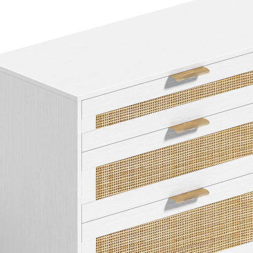 59 Inch Rattan Dresser With Six Drawers White Wood Legs