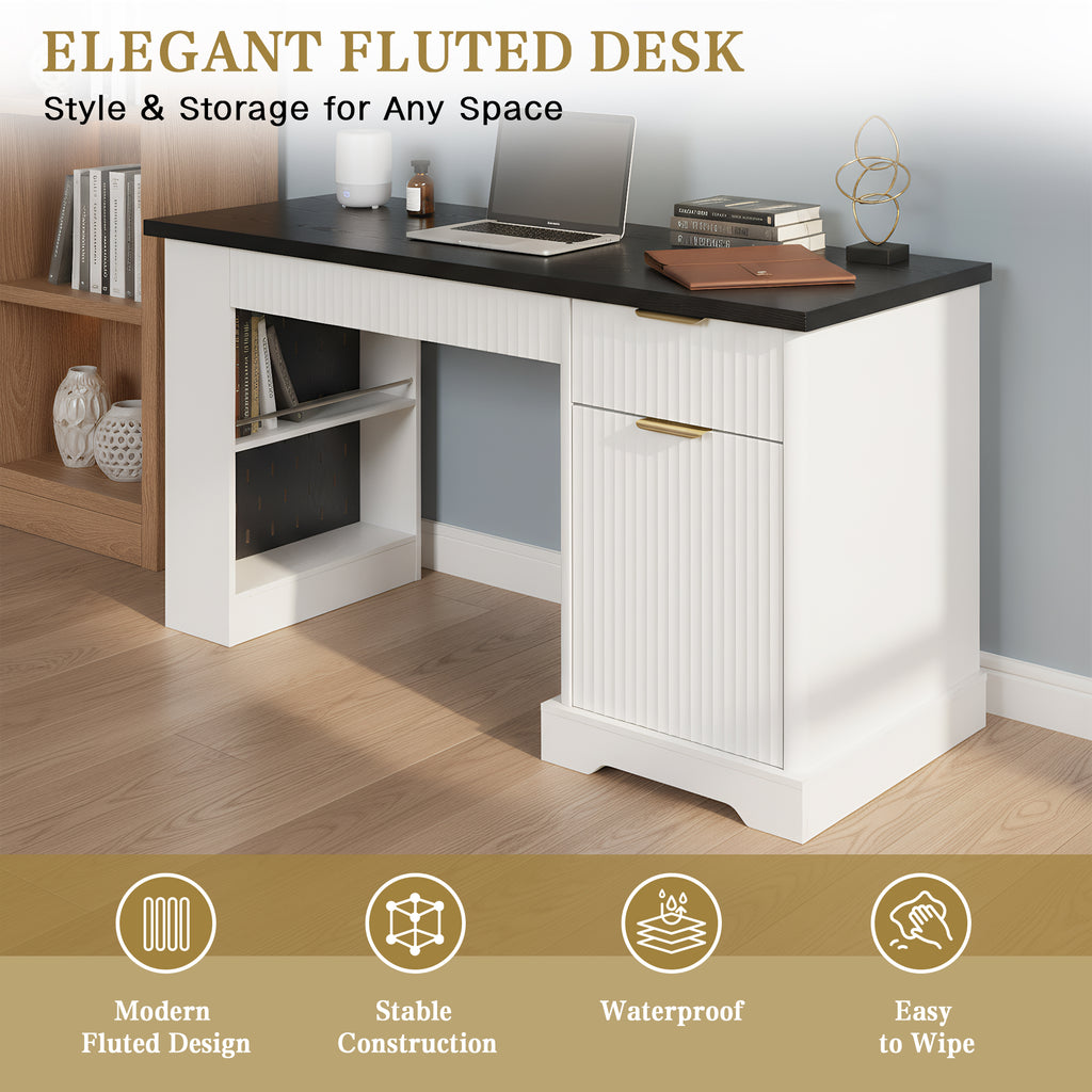White 55-inch Atelier Fluted Office Desk by Anthony & Home with storage cabinet, pegboard, and keyboard tray.