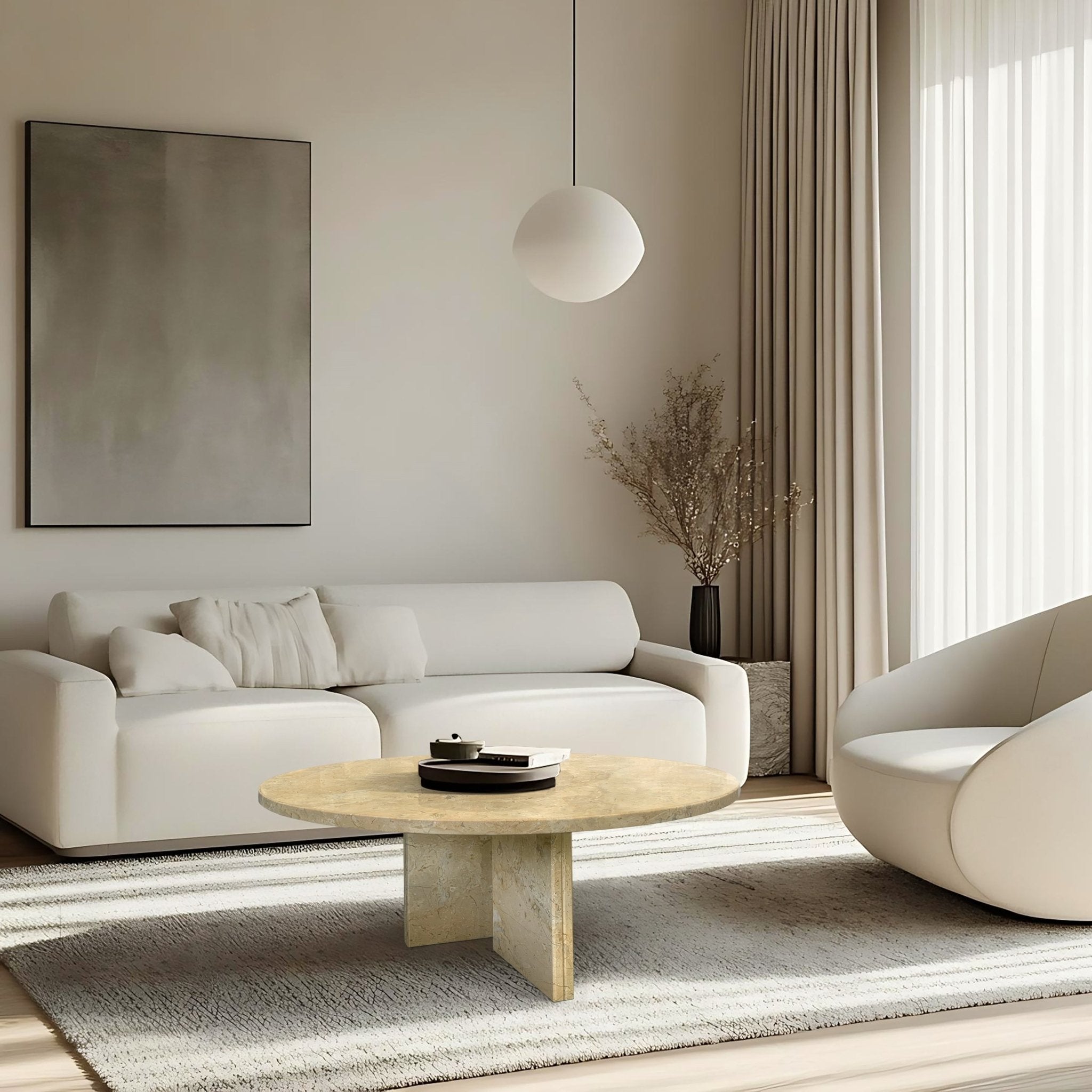 Anthony & Home Glod Signature natural marble round coffee table with sleek design and polished surface.