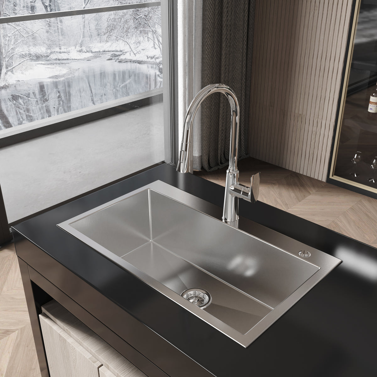 Anthony & Home Studio brushed nickel overmount kitchen sink with deep basin and sleek modern design.