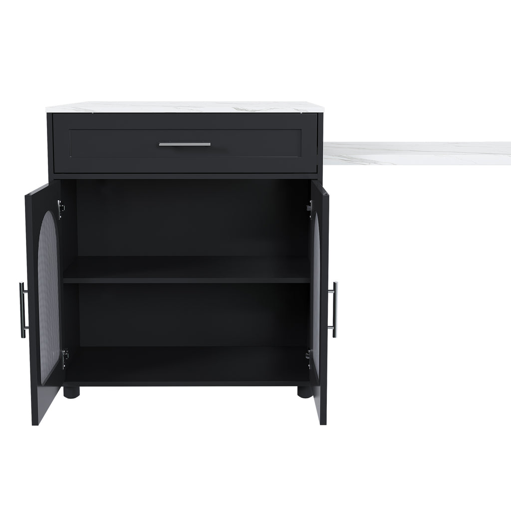 Black Expandable Kitchen Island with Marble - Grain Countertop, Power Outlet, Mobile Storage Cart with Cabinet & 2 Drawers, 80 - Inch Dining Table - Anthony & Home