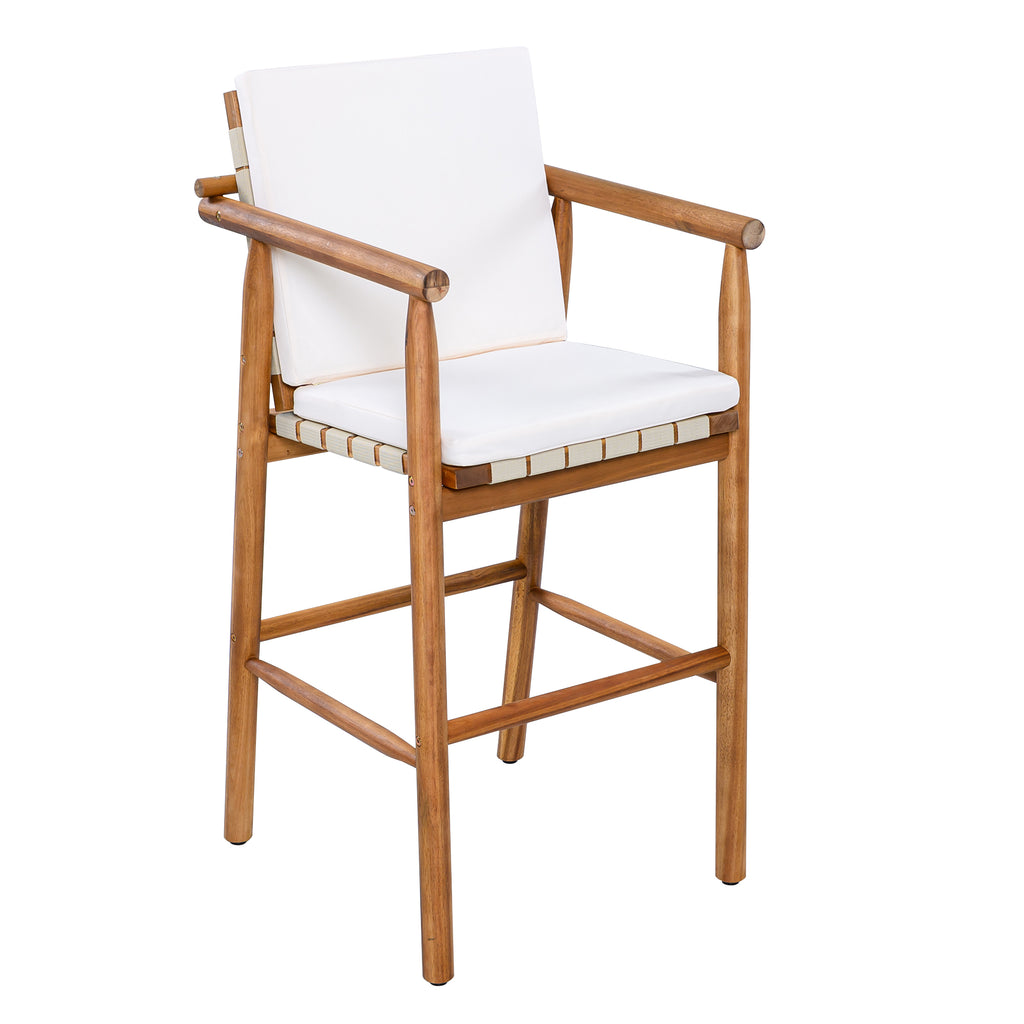 Anthony & Home Acacia outdoor counter stool set of 2 with backrests, featuring natural wood finish and modern outdoor design.