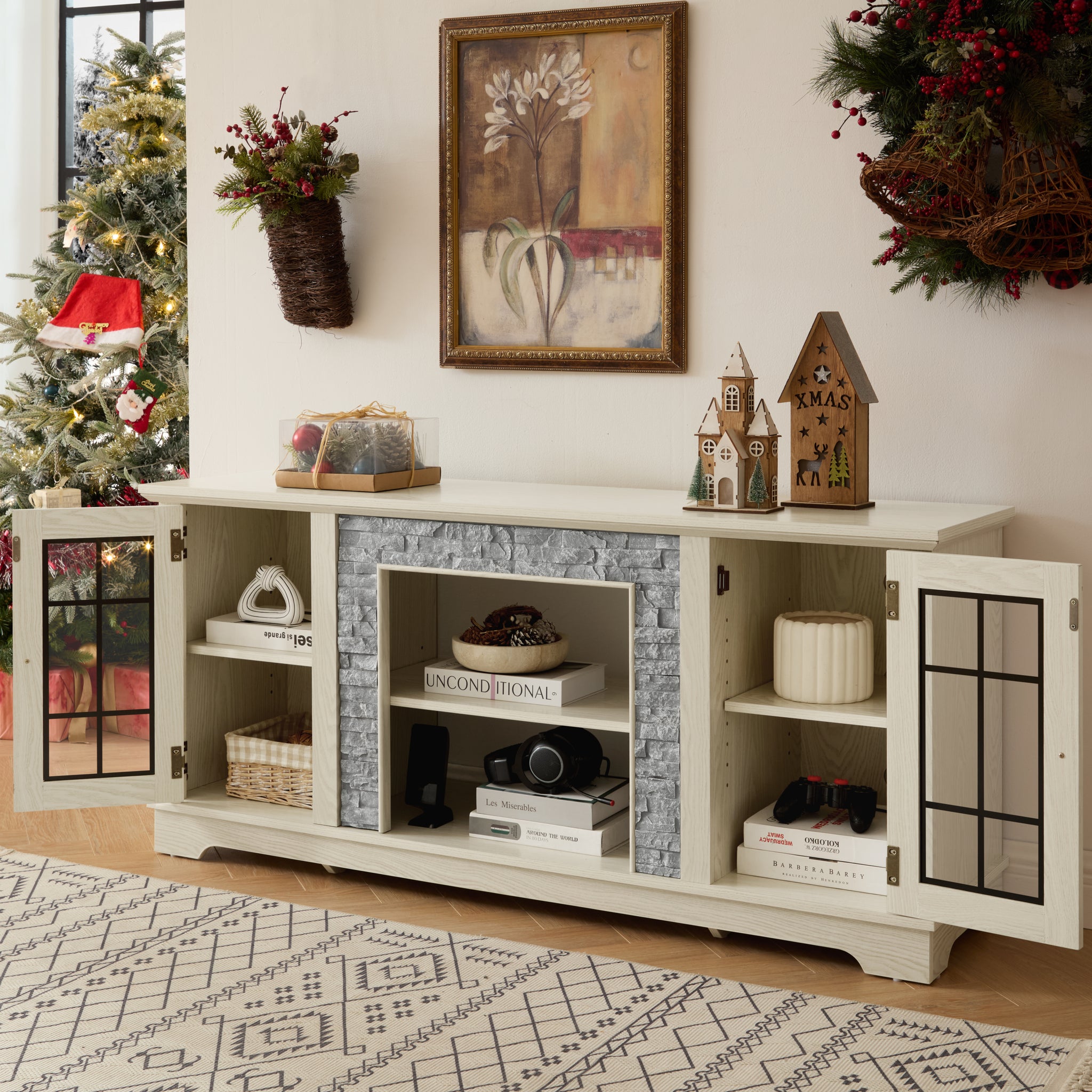 White 58-inch stone-textured TV stand with two doors from Anthony & Home's Atelier collection, modern furniture for living room.