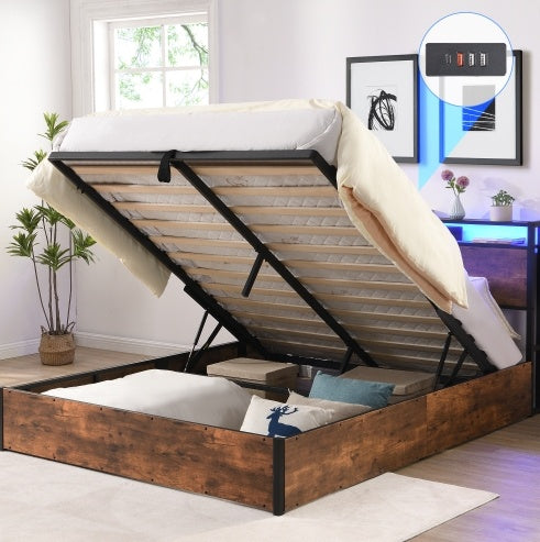 Wooden Platform Bed Frame With Lift Storage And Charging