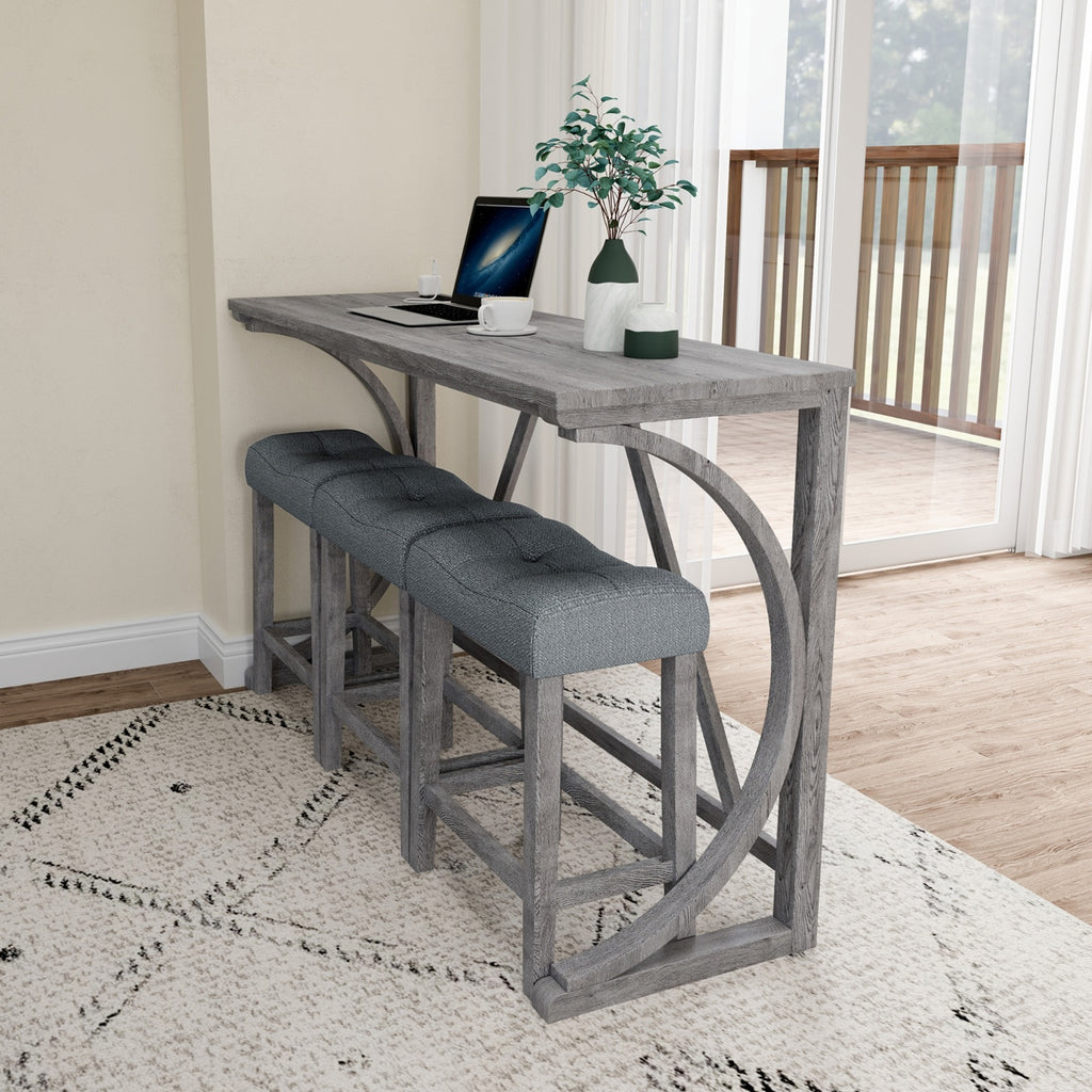 Gray Industrial Bar Table Set With Power Outlet And Chairs