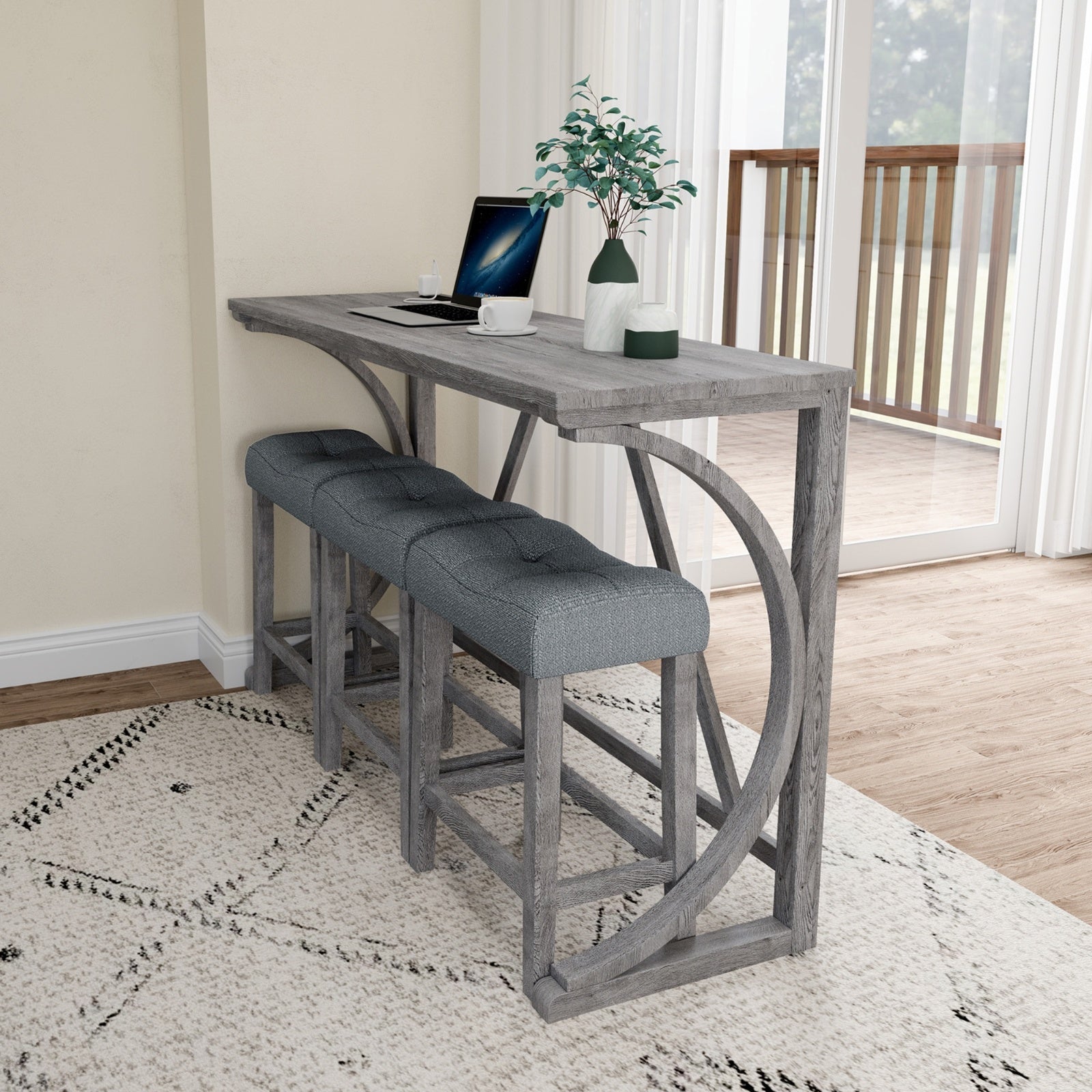 Gray Industrial Bar Table Set With Power Outlet And Chairs