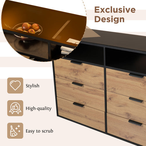 Oak Glass Sideboard Dresser With 6 Drawers And 2 Shelves