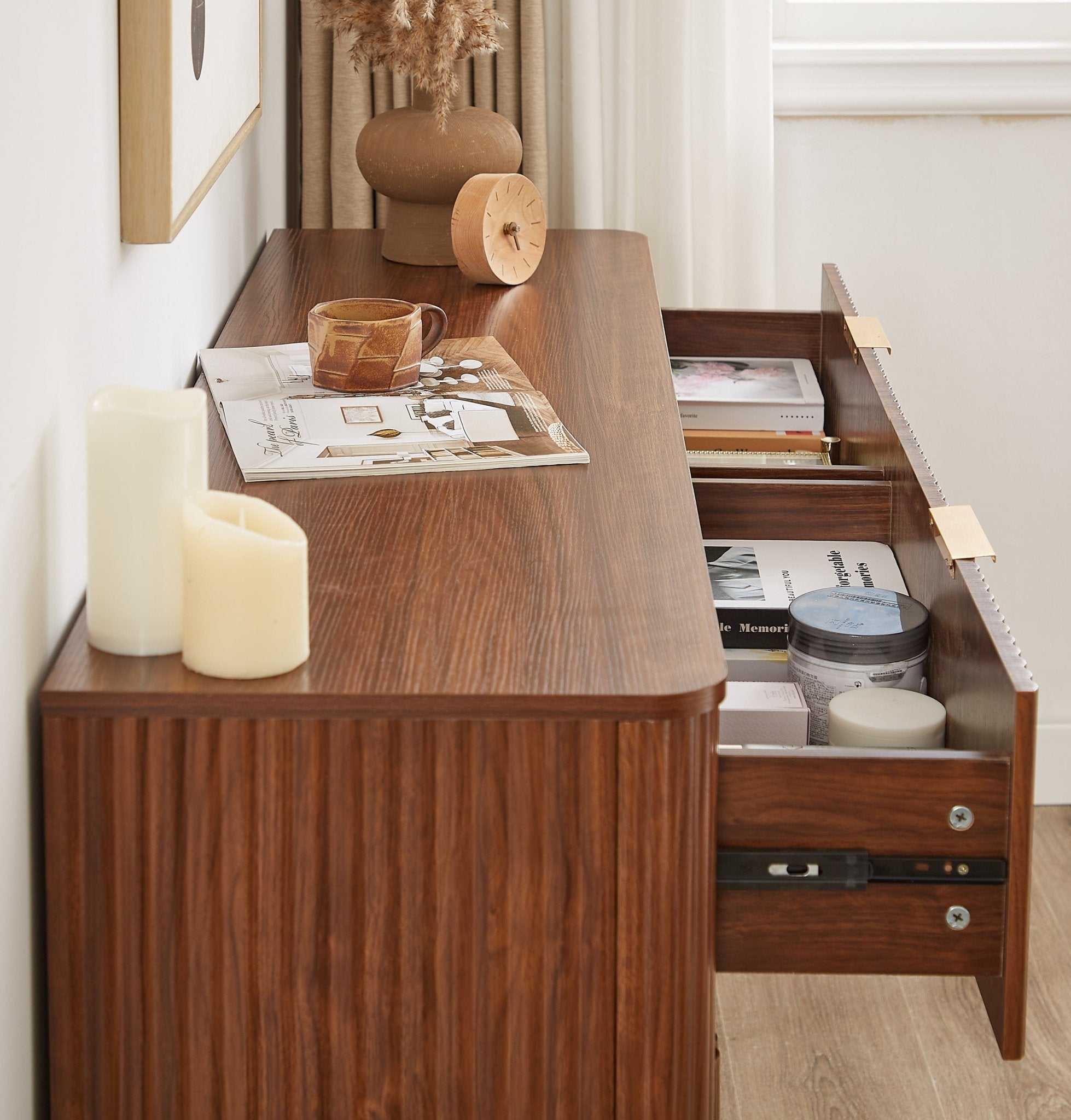 Walnut Wave six-drawer dresser and TV stand from Anthony & Home, 55-inch wide with curved profile in modern studio style.