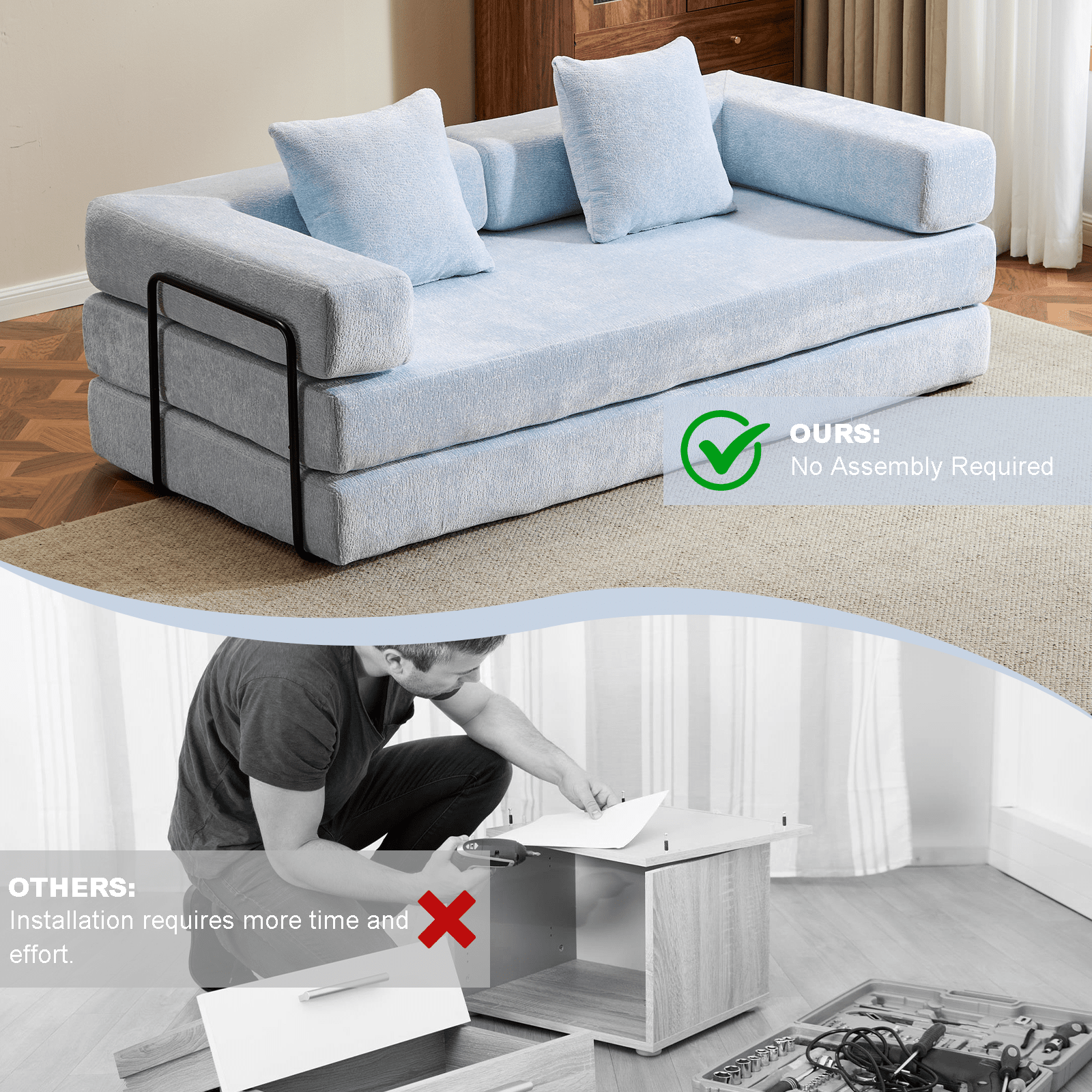 Light blue Anthony & Home Chenille Collection convertible floor sofa bed with memory foam cushions, showing its versatile design and plush fabric.