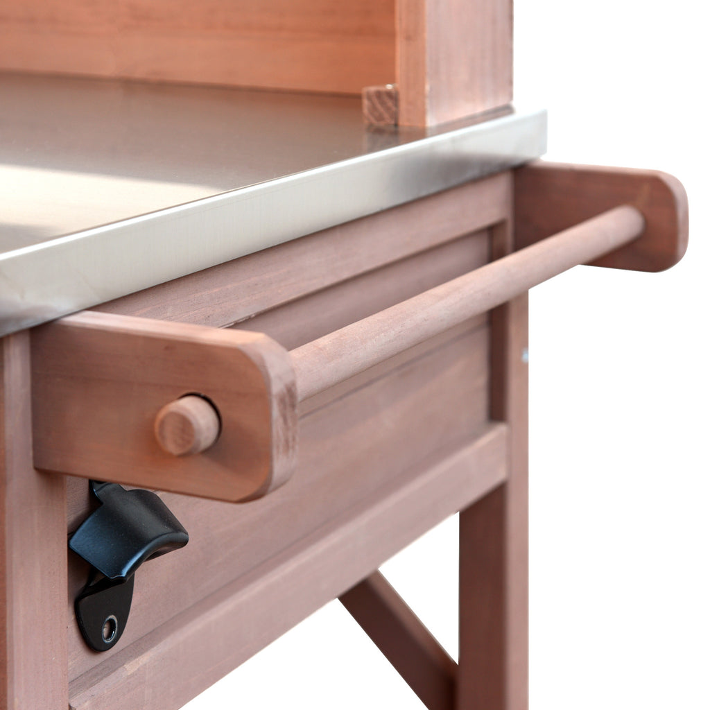 Anthony & Home outdoor potting bench with stainless steel top, featuring ample workspace and storage for gardening tasks.