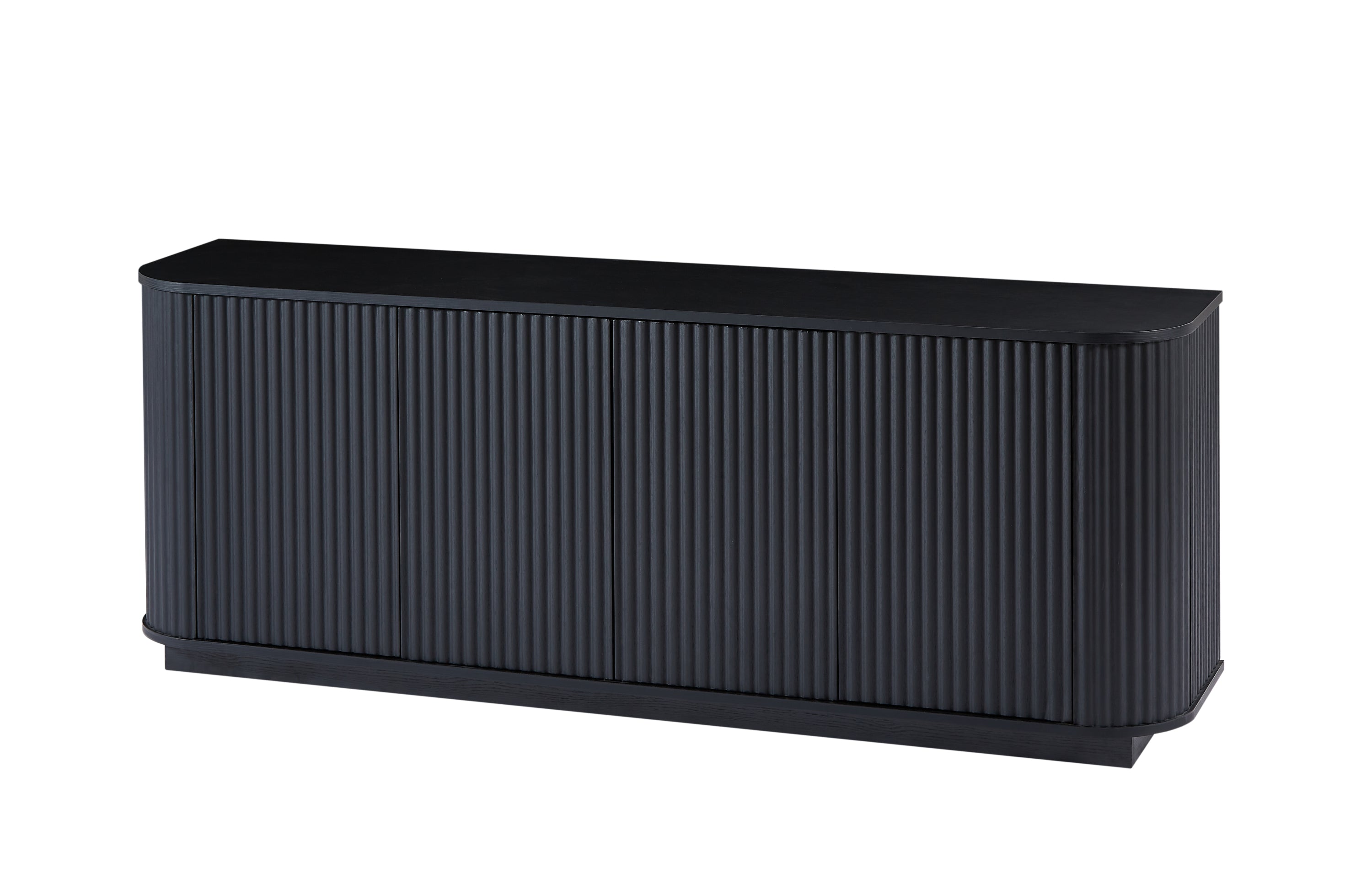 Black wood sideboard with a wave pattern design, used as a TV stand from Anthony & Home, showcasing a sleek modern style.