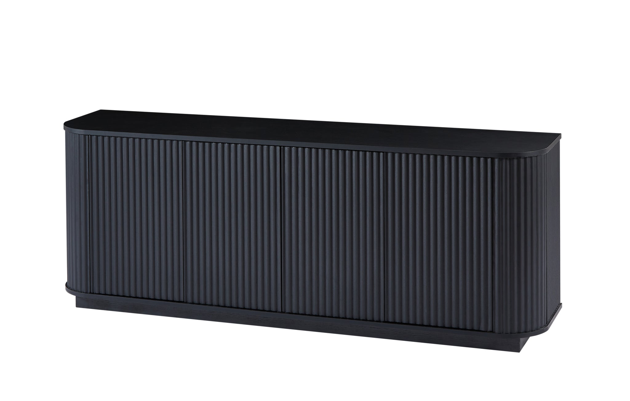 Black wood sideboard with a wave pattern design, used as a TV stand from Anthony & Home, showcasing a sleek modern style.