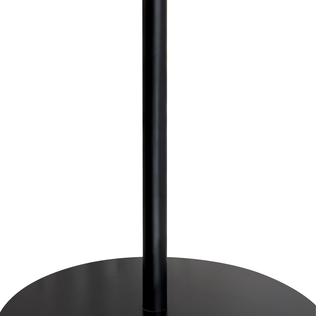 Set of 2 walnut round side tables with black metal pedestal bases, featuring a concentric design from Anthony & Home's Atelier Collection