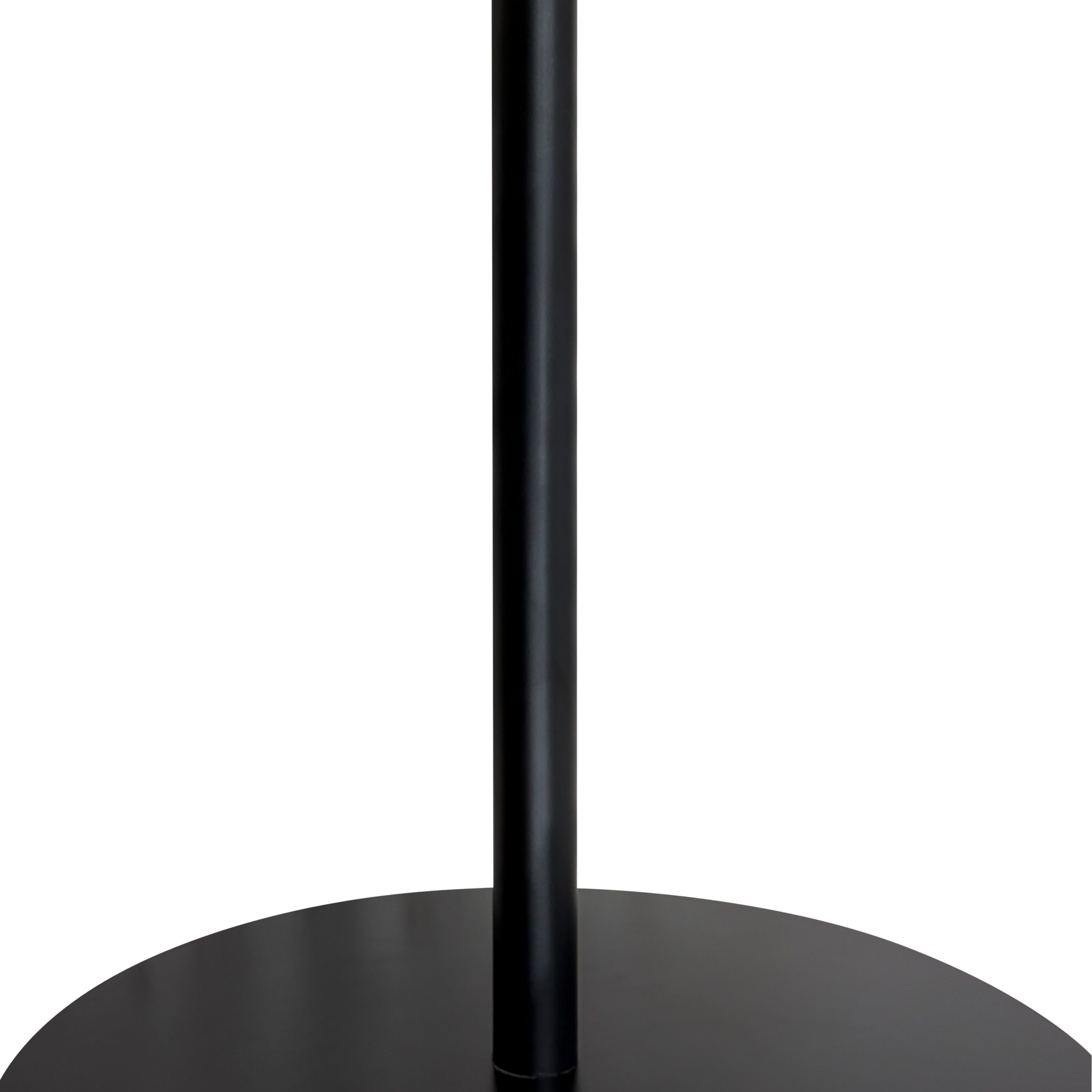Set of 2 walnut round side tables with black metal pedestal bases, featuring a concentric design from Anthony & Home's Atelier Collection