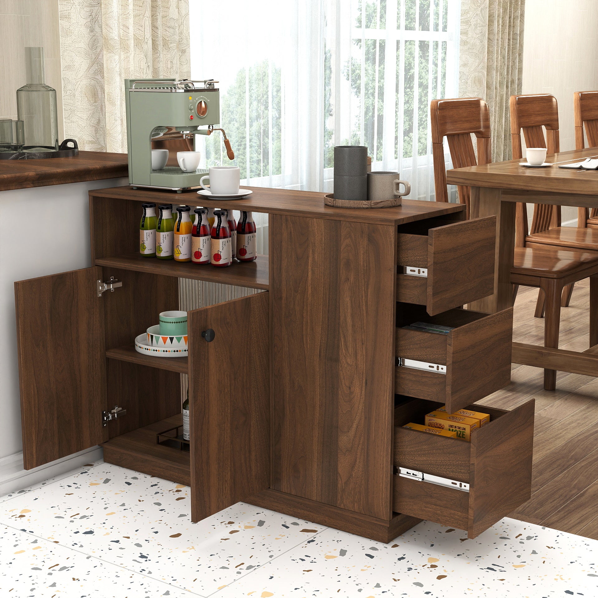 Anthony & Home Atelier glass sliding door kitchen sideboard with sleek design and transparent glass panels.
