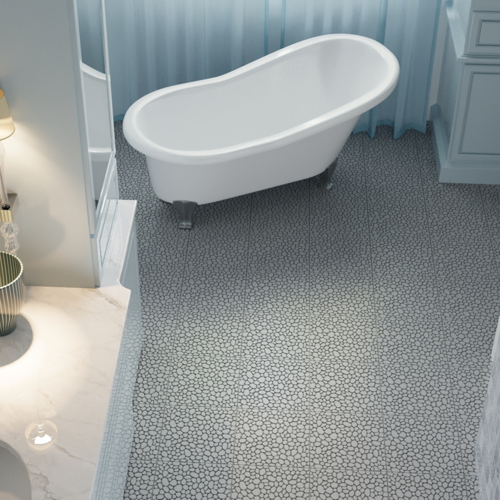Gray Anthony & Home pebble stone interlocking deck tiles, 12x12 waterproof outdoor flooring with textured surface.