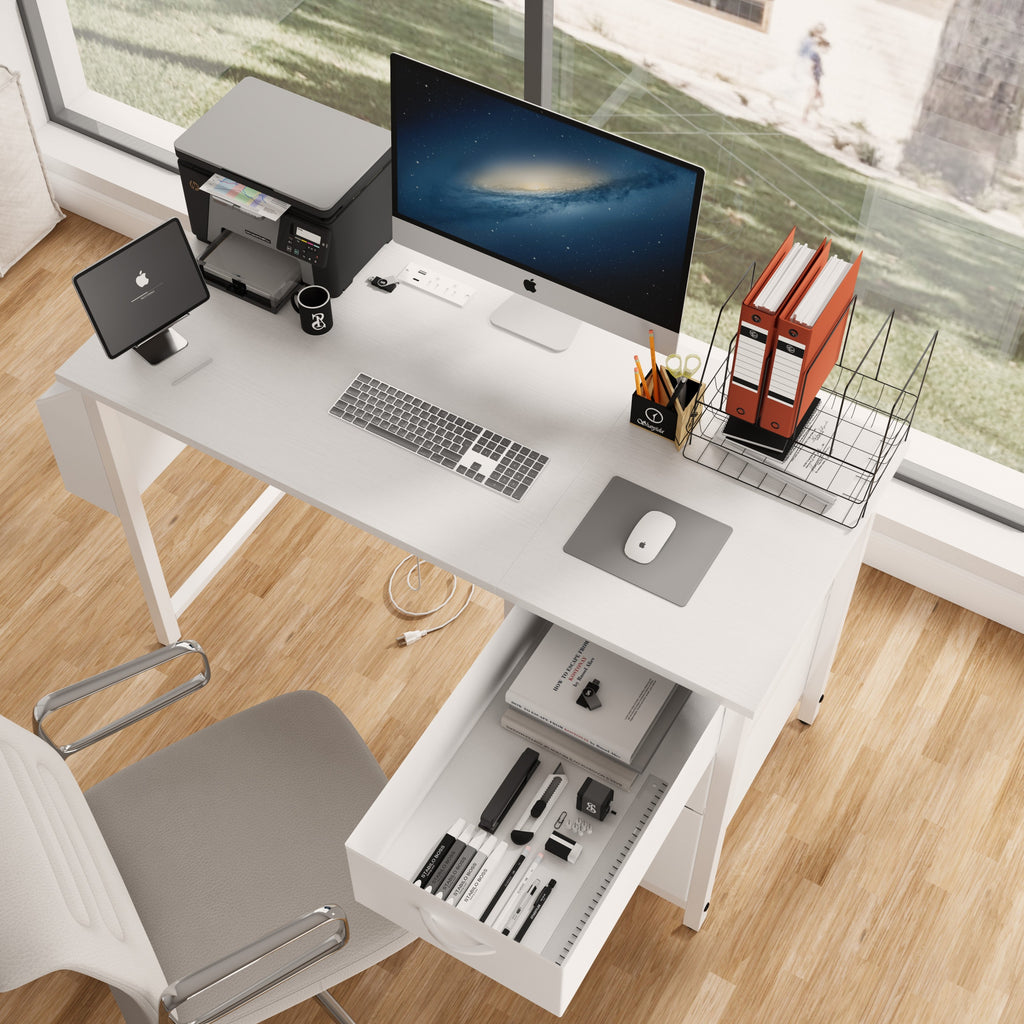 Anthony & Home studio white lacquer office desk with 3 drawers, power outlet, reversible frame, easy to assemble.