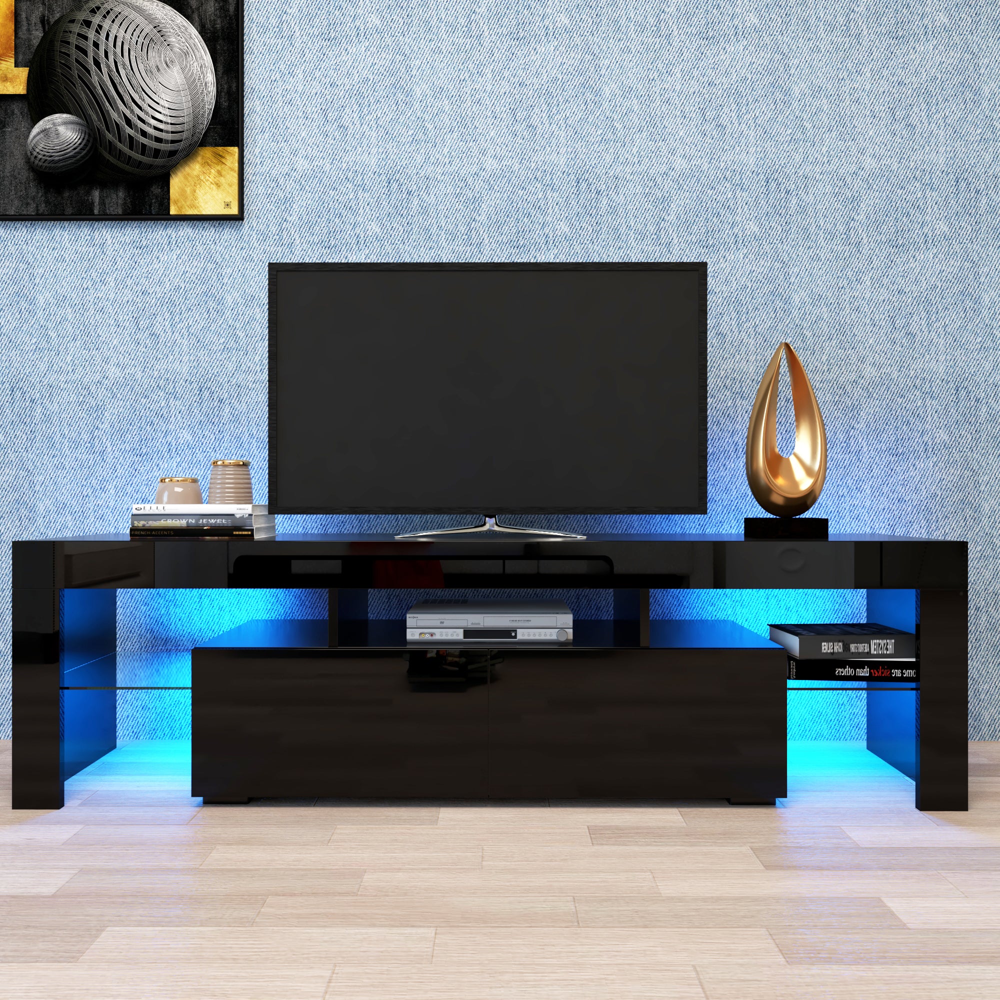 Elegant LED TV Stand in Matte Black MDF Modern Console with Remote Light Accent Exclusive
