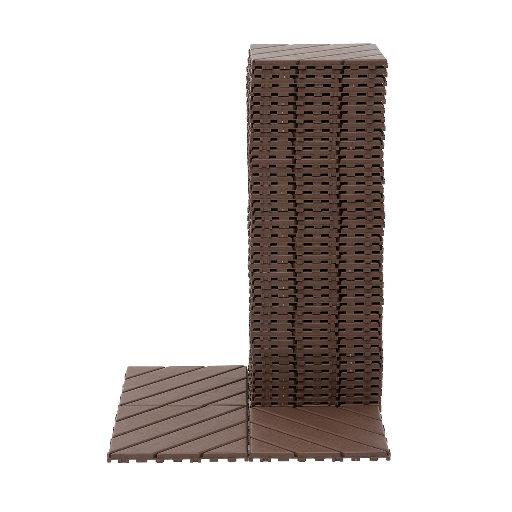 Brown polypropylene interlocking deck tiles by Anthony & Home, showing a close-up of textured, durable outdoor flooring tiles.