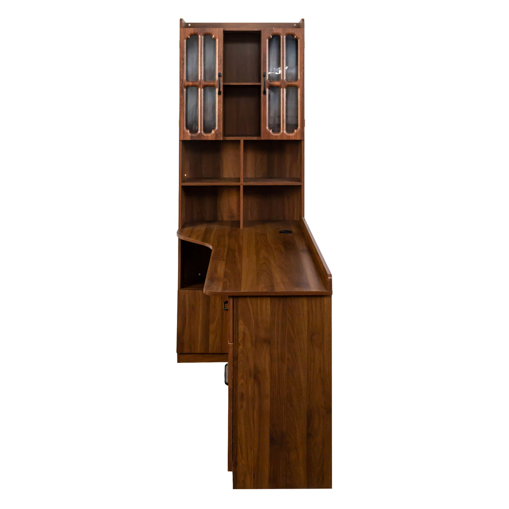 L-shaped corner desk with hutch in oak veneer by Anthony & Home, showcasing a modern workspace with ample storage and surface area.