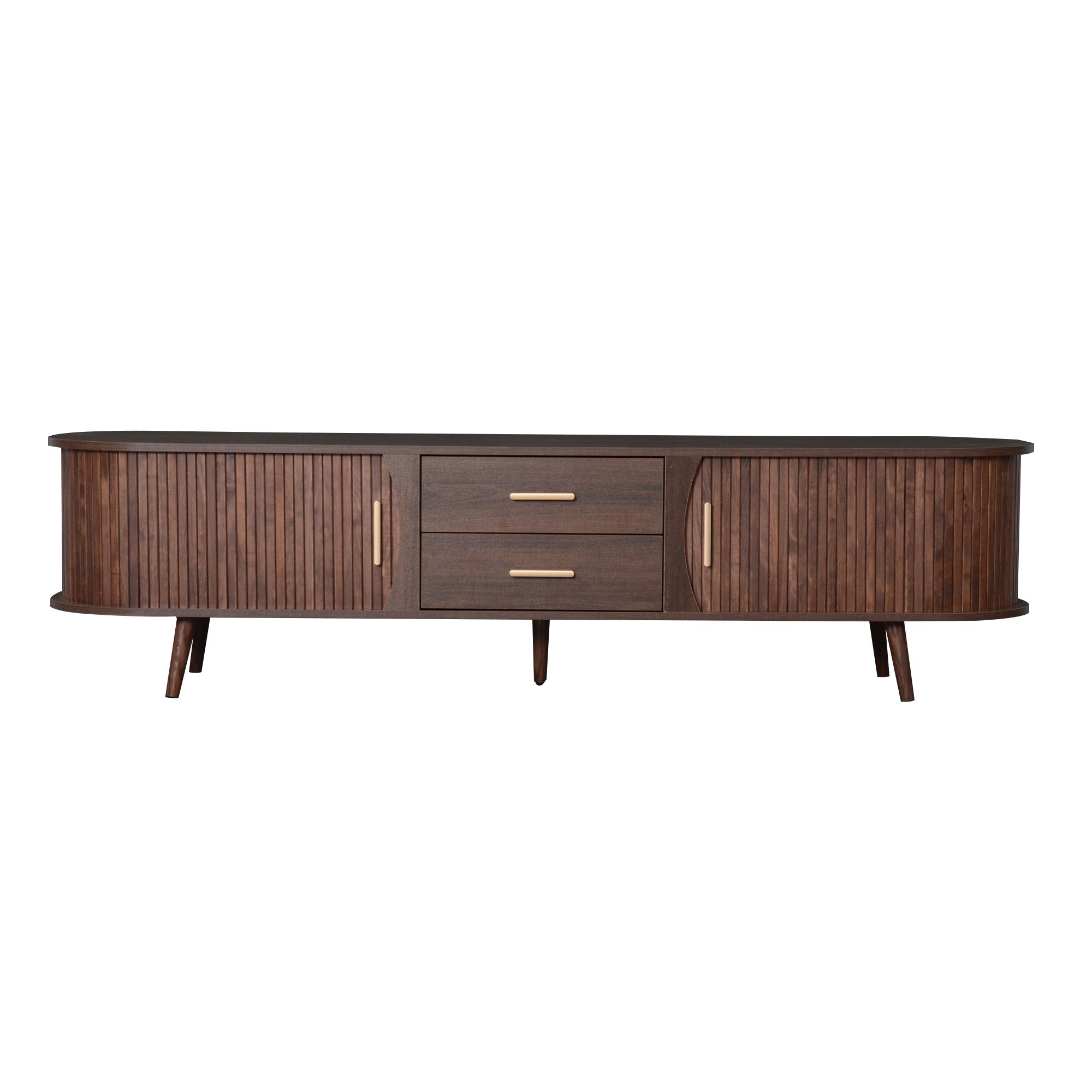 Dark brown Anthony & Home mid-century modern TV stand with storage, solid wood and MDF, designed for 80-inch TVs.
